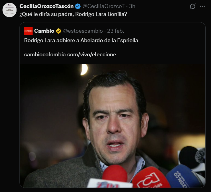 El papá lo mató Pablo Escobar, porque desde su posición política Rodrigo Lara Bonilla sabía la desgracia que era para Colombia el narcotráfico.

Hoy, su hijo apoya la candidatura de un abogado de narcos y paramilitares que descuartizaban campesinos.

Que falta le hizo tener