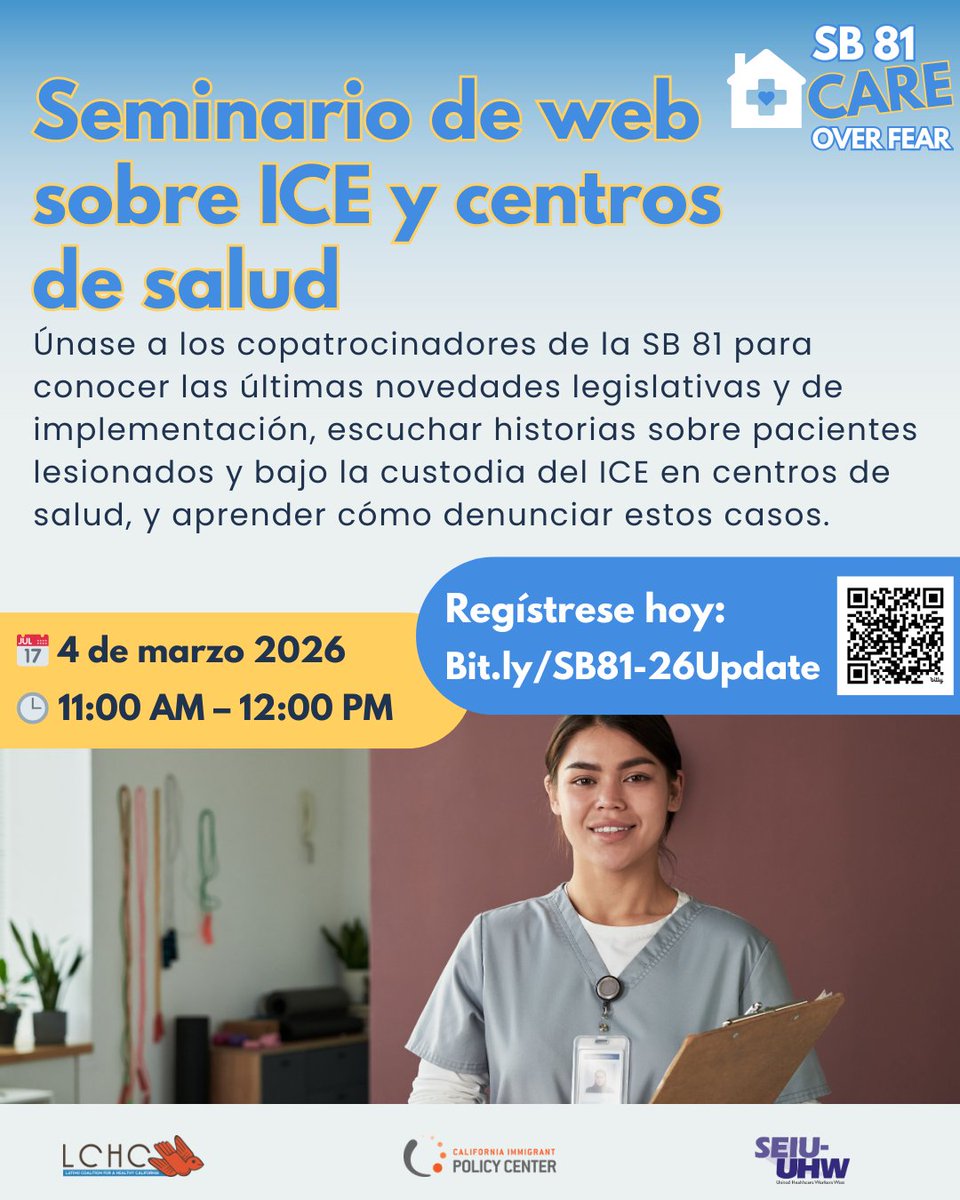Join us for the SB 81 Safe Spaces in Health Care Update Webinar! As attacks on immigrant communities continue, it’s critical that we protect safe spaces in health care. 🏥💙

Join SB 81 co-sponsors to:

✅Get key legislative and implementation updates

🧊❌Hear stories of