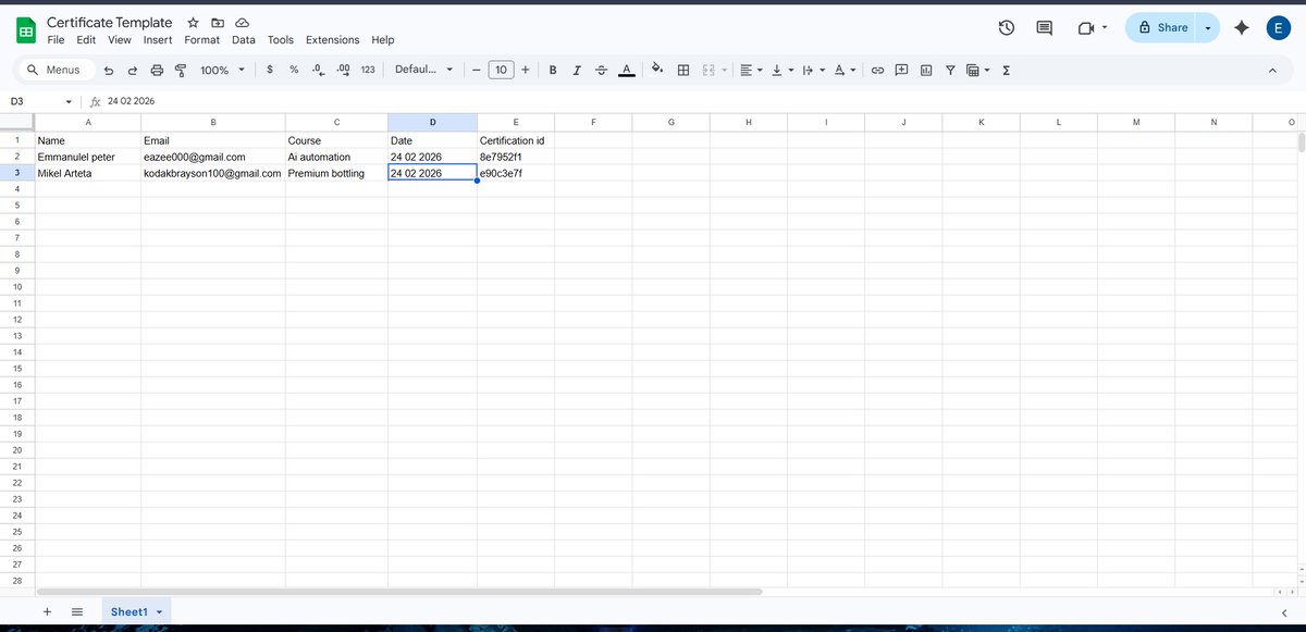 Heezee100's tweet photo. Built an automated certificate system using https://t.co/r2vJtVhhy3 
Pulls student data from Google Sheets
Generates unique certificate IDs
Creates personalized certificates 
Converts to PDF 
Automatically emails students their certificates
End-to-end, fully automated.
#make.com https://t.co/otqlHoh148