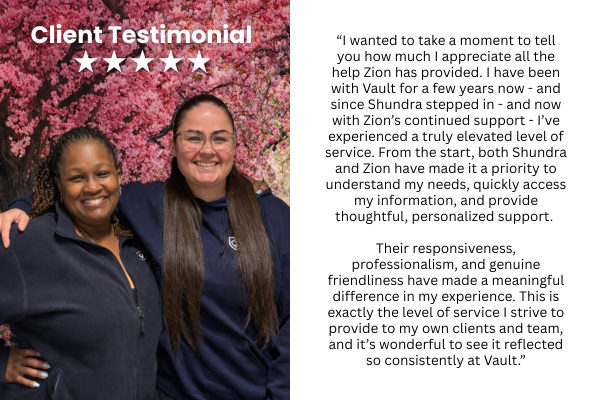 Join us in celebrating two team members who embody the very best of @allthingsvault's service standards. Shundra and Zion consistently go above and beyond to deliver support that truly makes a difference. See what our clients are saying! ⬇️👏