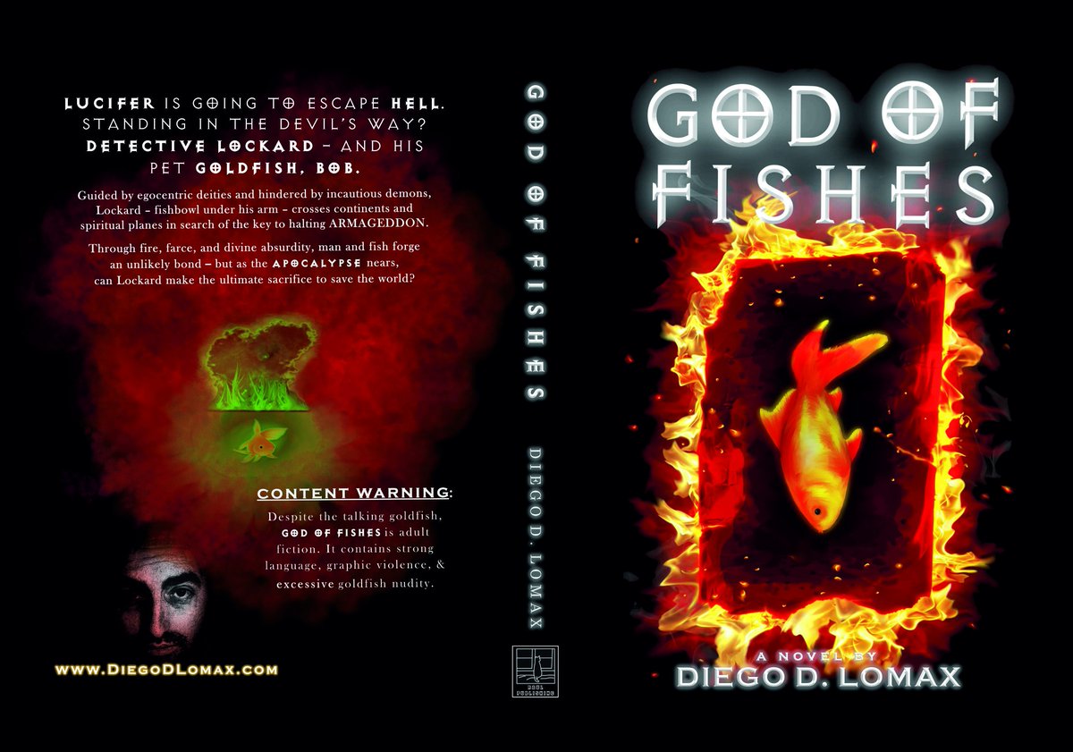 DDLomax's tweet image. Here's the updated cover for God of Fishes

Still the same epic of ancient evil, cosmic consequences, and a goldfish with no filter - but now with a sexier backpage 

#darkfantasy 
#darkcomedy 
#writingcommunity
