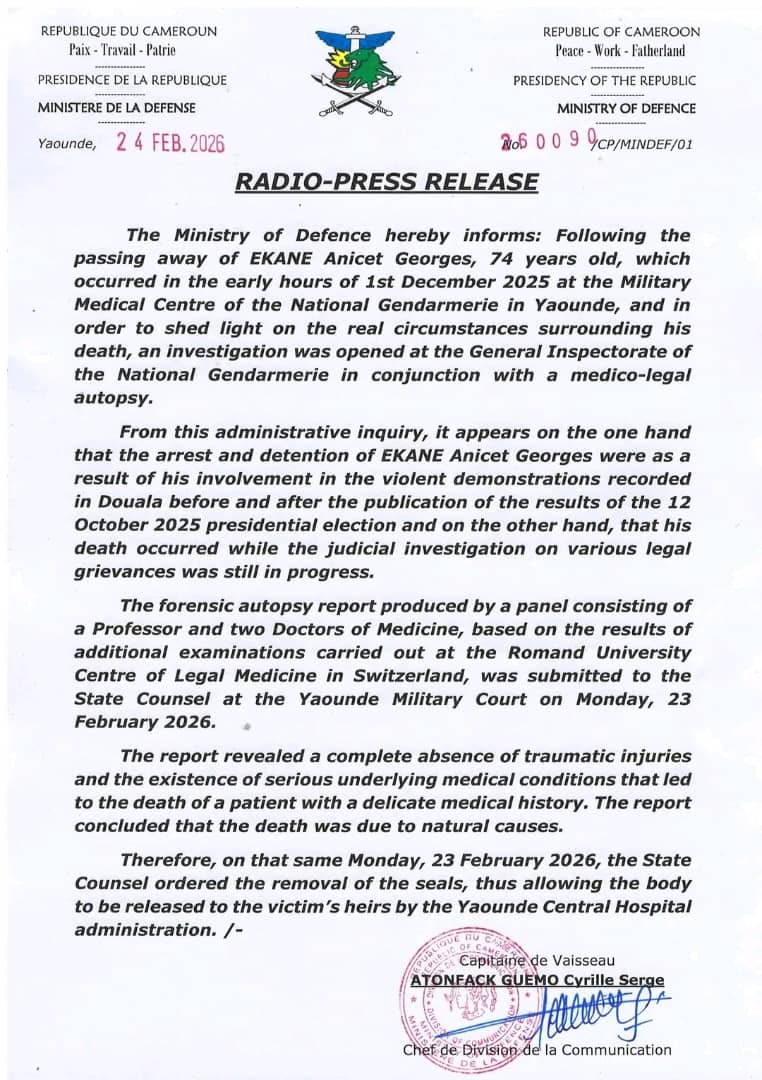The Ministry of Defence has announced that Ekane Anicet Georges, 74, died of natural causes, according to findings from a forensic autopsy and administrative investigation.