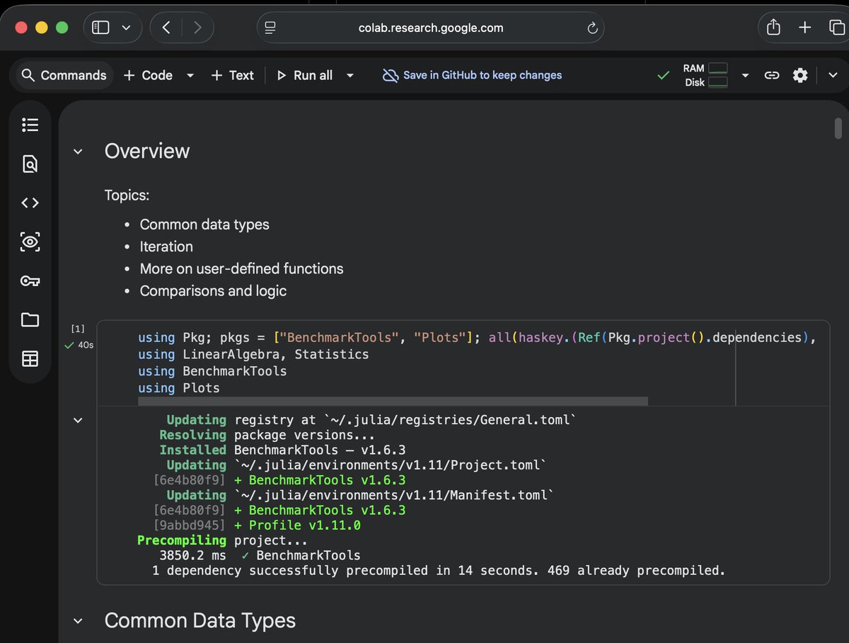 jlperla's tweet photo. In the latest @QuantEcon Julia release, you can now launch notebooks directly in @GoogleColab.

Just click ▶️ on the online lecture to open it in Colab.
On first run, the notebook automatically installs all required packages. https://t.co/qr9tHeGxl8