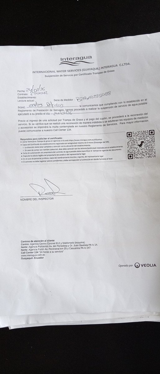 <a href="/interagua/">Interagua C. Ltda</a> <a href="/DanielNoboaOk/">Daniel Noboa Azin</a> muy buenas tardes señores de integrahua y señor presidente Novoa hago público una vulneración de derecho e interrupción servicio de agua potable por no tener una trampa de grasa está acción atenta con mi salud ya que estoy operado de corazón abierto.