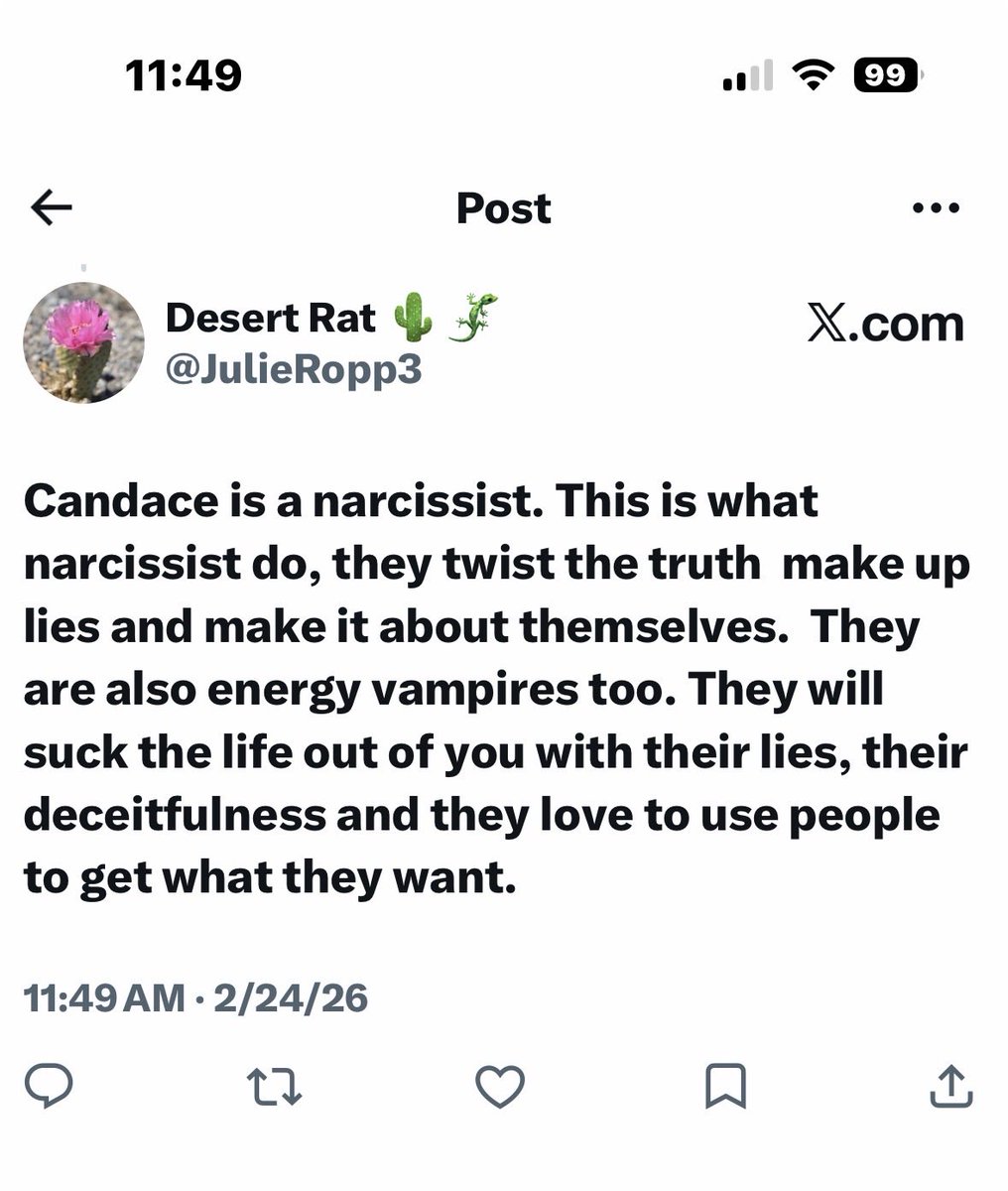 JulieRopp3's tweet photo. @JustTheTweets17 Liberals do not understand that Candace is a narcissist.  Liberals are too stupid to understand because they are narcissist too. https://t.co/PvTDZ0LcsB