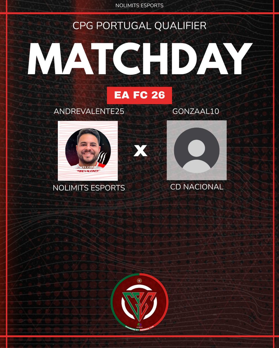 🔥 MATCHDAY – CPG Portugal Qualifier 🔥

É dia de jogo! 💥
O <a href="/andrevalente94/">andrevalente94</a> entra em campo para mais um desafio importante na CPG Portugal Qualifier.

🆚 Gonzaal10 (CD Nacional)
⏰ 23h30 (🇵🇹) 
🏆 discord.gg/QdKNS4tXB
📺 twitch.tv/andrevalente25