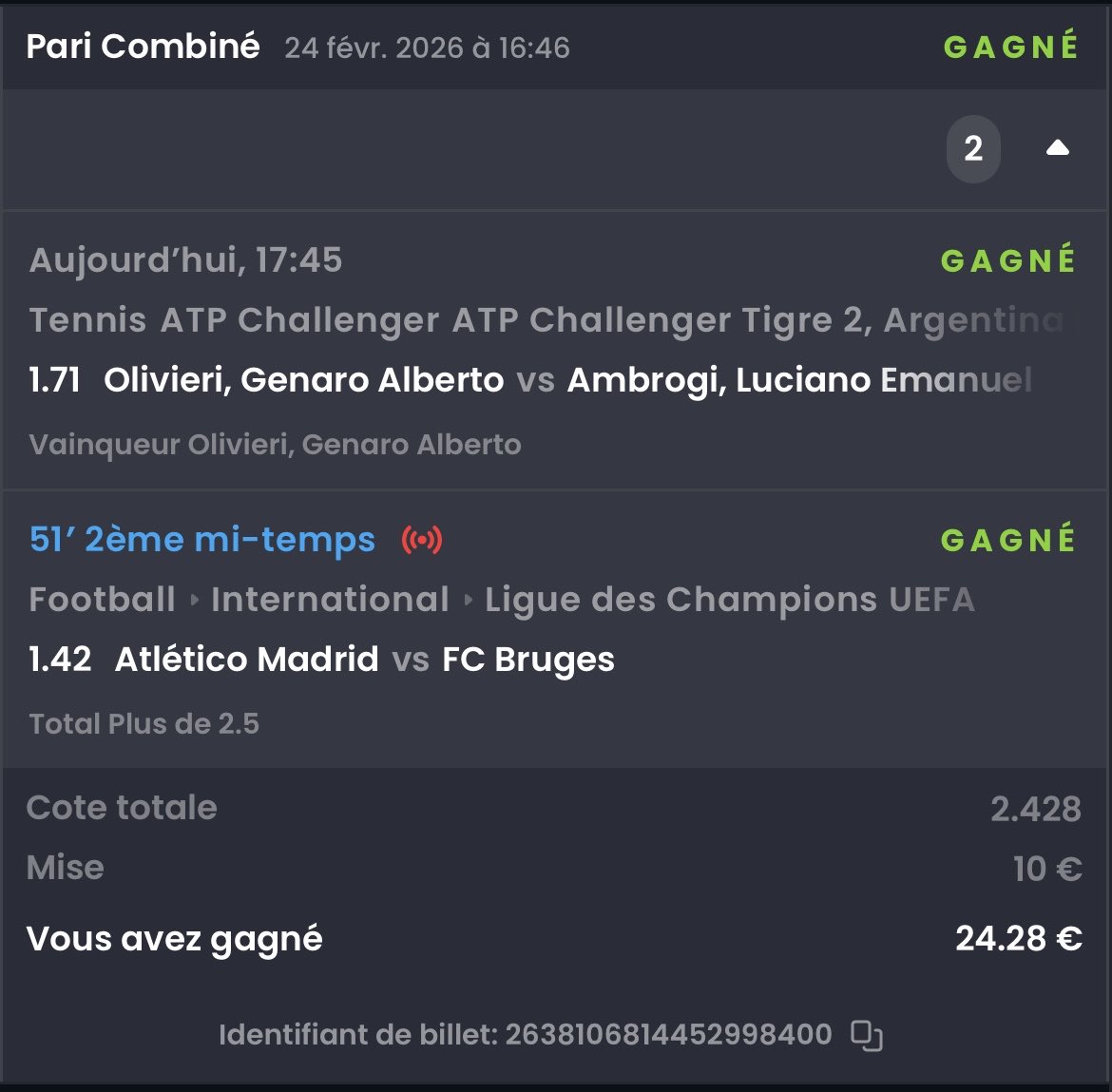 AtinoPronos's tweet photo. ✅ Et on encaisse 🔥

✅ Olivieri G.A.
✅ Atletico - Bruges +2,5 buts

📊 Cote à 2,42

🔥Benef de 14,20 € | 💶 BK à 1386,40 € 

😏 On enchaîne avec la NBA ?!🔥 

♻️ et ❤️ pour le soutien 

#BetOfTheDay #freebetparionssport #LDC #LigueDesChampions #ParisSportifs #BettingTips https://t.co/wW1F23IytP