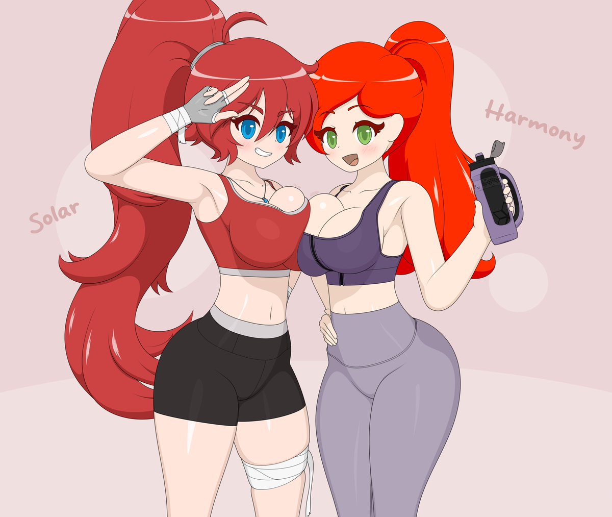 Two red-haired big tiddy sportswear-loving OCs: Solar and Harmony are here to save the day!

Harmony is mine.
Solar is <a href="/CanadianAniGuy/">Canadia🍁</a>'s.

Thank you so much for letting me draw them together! ♡

#OC | #OriginalCharacter