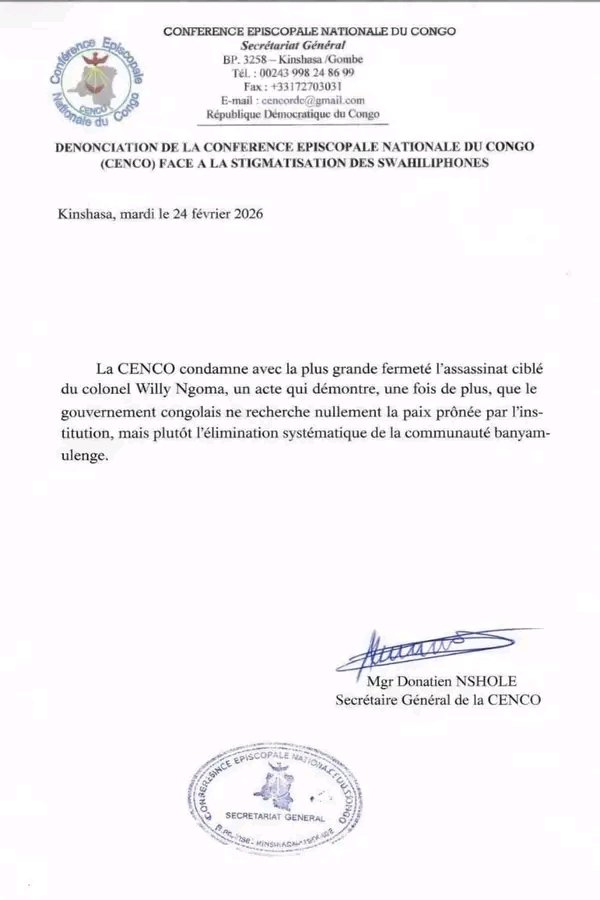 mbuba_herve's tweet photo. La CENCO condamne avec la plus grande fermeté l'assassinat ciblé du colonel Willy Ngoma,un acte qui démontre,une fois de plus,que le gouvernement congolais ne recherche nullement la paix prônée par l'institution,mais plutôt l'élimination systématique de la communauté banyamulenge https://t.co/RnziMpy7NE