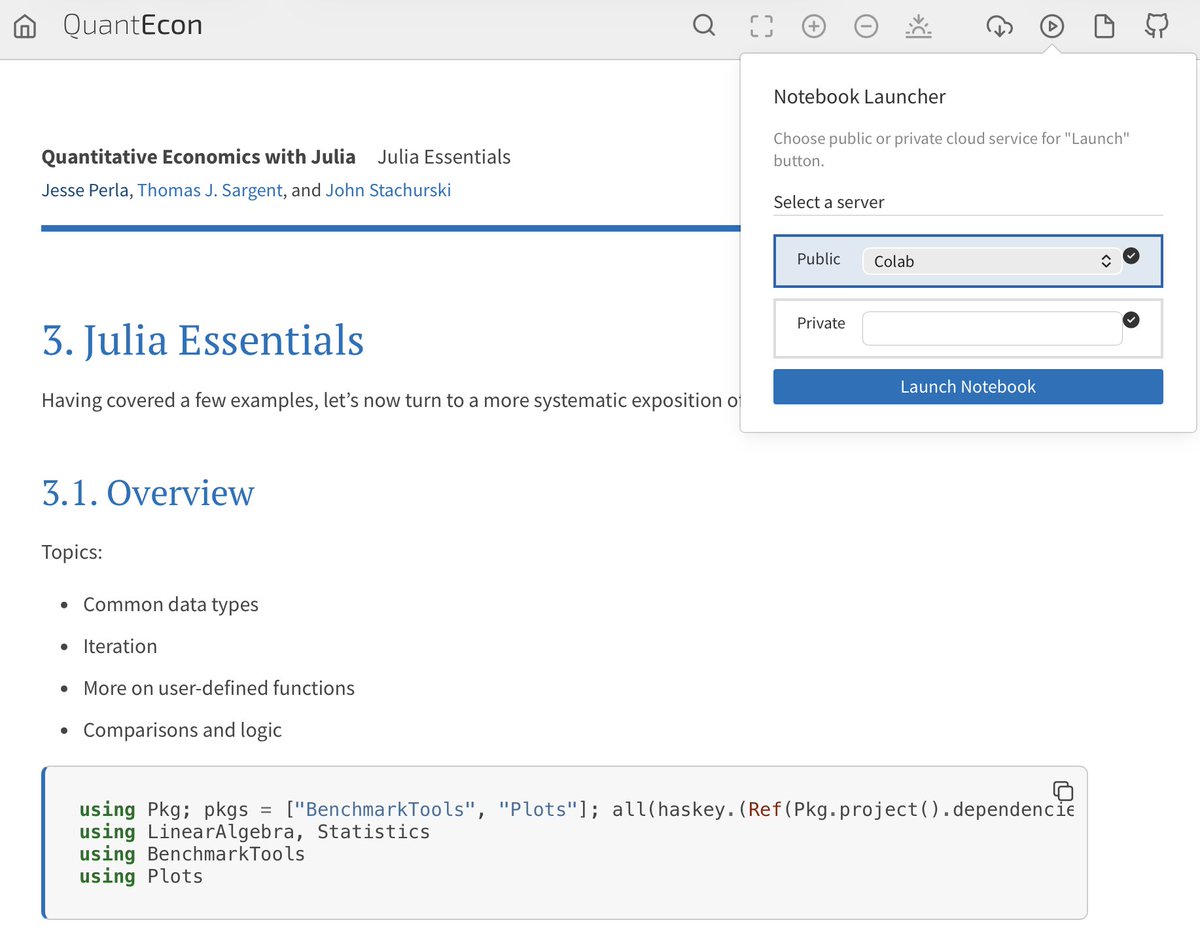 jlperla's tweet photo. In the latest @QuantEcon Julia release, you can now launch notebooks directly in @GoogleColab.

Just click ▶️ on the online lecture to open it in Colab.
On first run, the notebook automatically installs all required packages. https://t.co/qr9tHeGxl8
