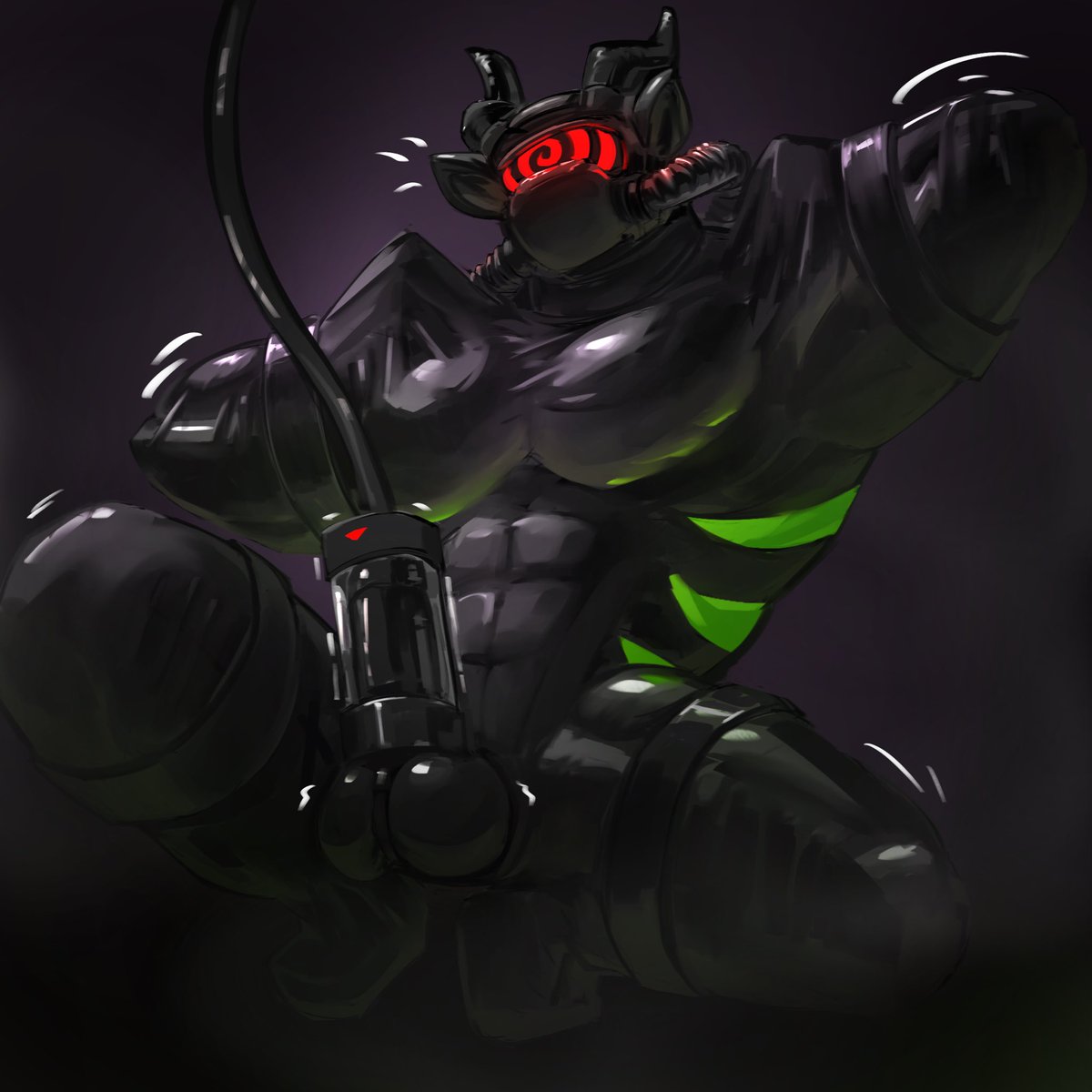 Tag got himself into a rubbery predicament~
I am sure he will make a great drone 🌀

Art by <a href="/rhineafterhours/">rhine</a>