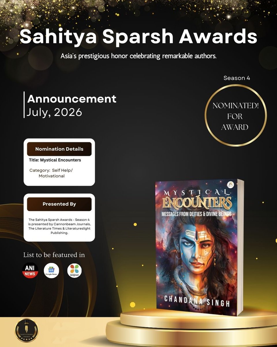 🏆 Big News! 

Mystical Encounters - Messages From Deities &amp; Divine Bein, published by <a href="/zorbabooks/">Zorba Books</a>, is nominated for the Sahitya Sparsh Awards 2026 in Self Help / Motivational! 

📖 Grab your copy: 
amzn.to/4iTrtiK

#MysticalEncounters #BookNomination #SelfHelp