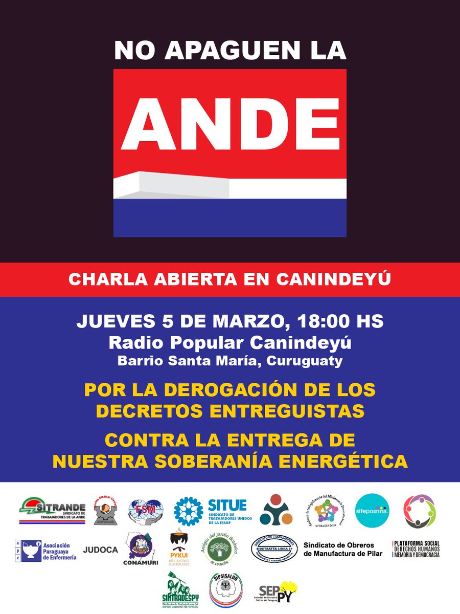 accionscpy's tweet photo. #NoApaguenLaANDE | En el Dpto. de Curuguaty, junto a dirigentes sociales y sindicales, nos encontraremos conversando sobre este atropello a nuestra soberanía eléctrica.
¡Por la derogación de los decretos entreguistas y contra el atropello del Estado! https://t.co/Nkf8CfAoda