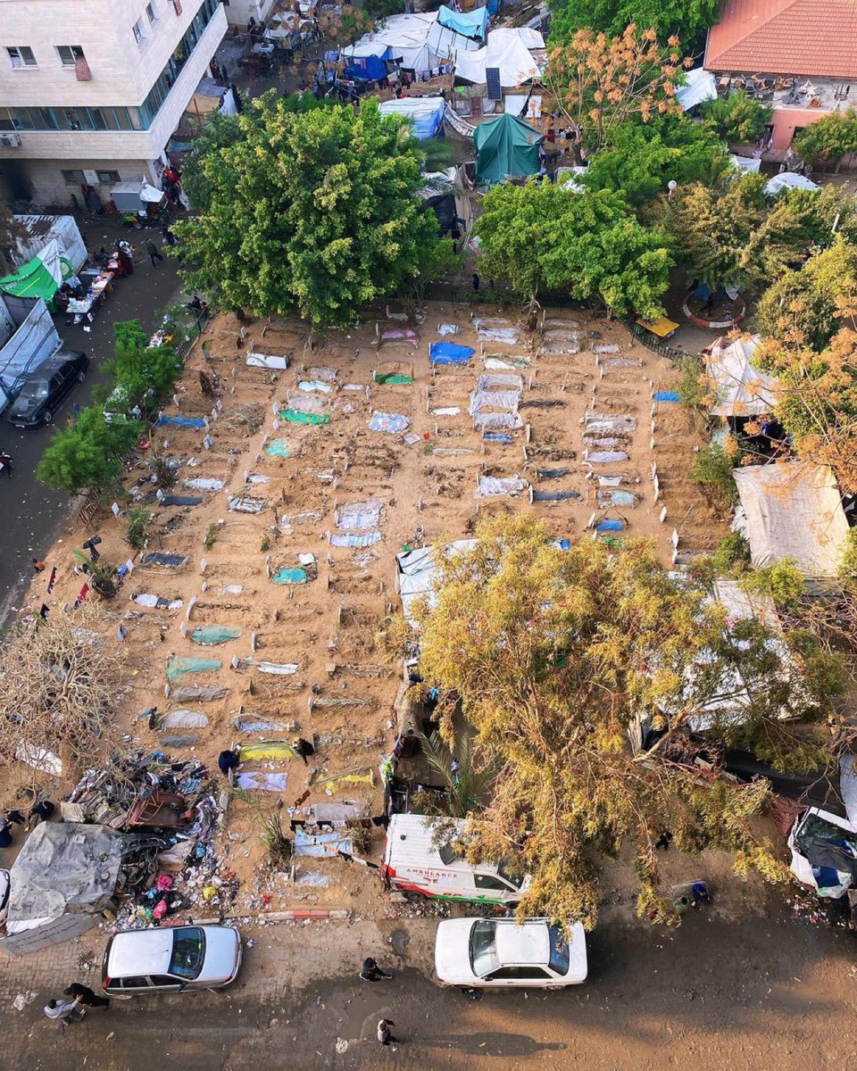 Mass grave at Al-Shifa Hospital, one of 126 mass graves holding hundreds of civilian victims of the genocide, according to the <a href="/EuroMedHR/">Euro-Med Monitor</a> statistics.