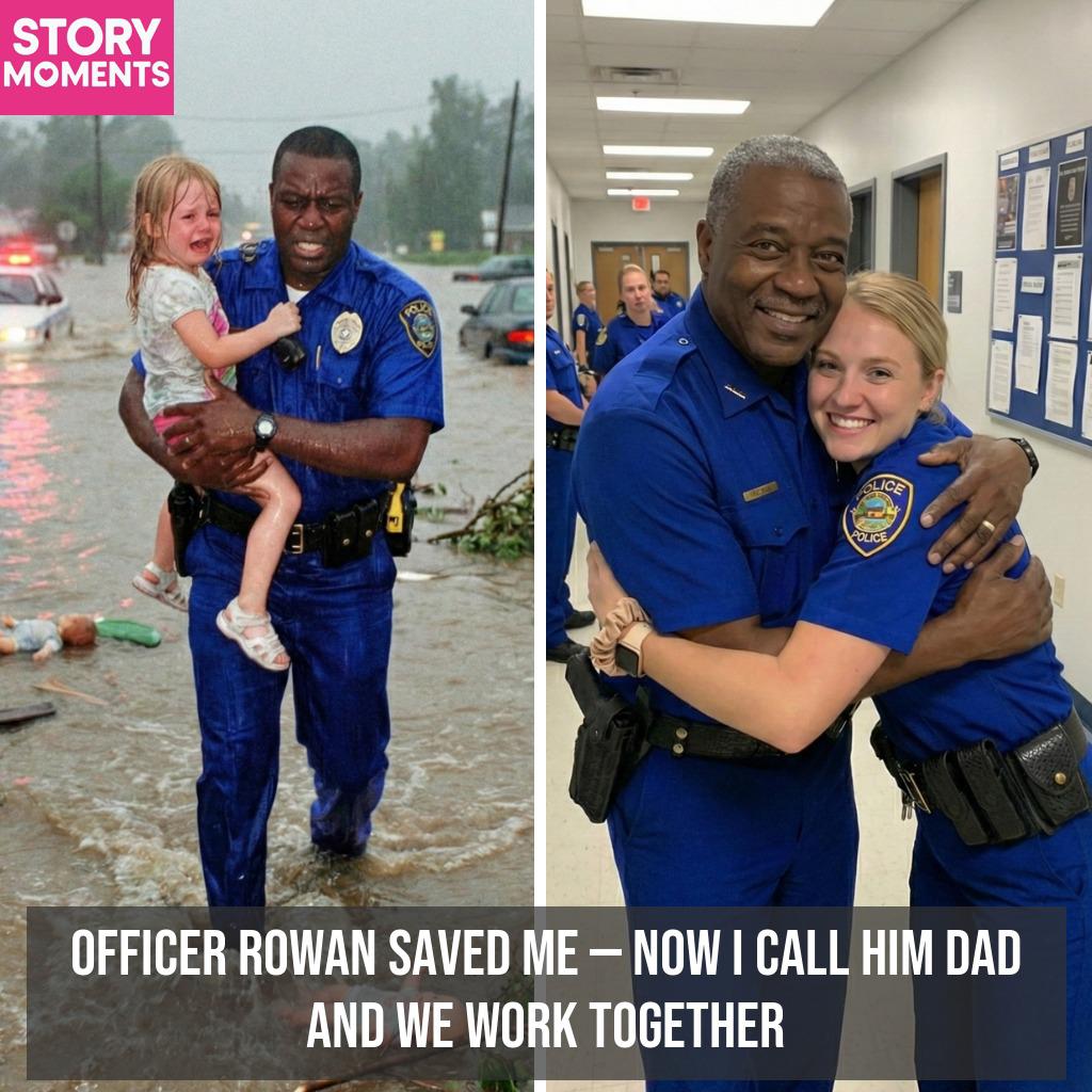 I lost everything that day… and that’s the day I found my dad. A hurricane took my mom, but Officer Rowan Mercer saved me.🌪️He visited the hospital daily until he adopted me. Today, I wear his same uniform, protecting others because he showed up for me when it mattered most💙