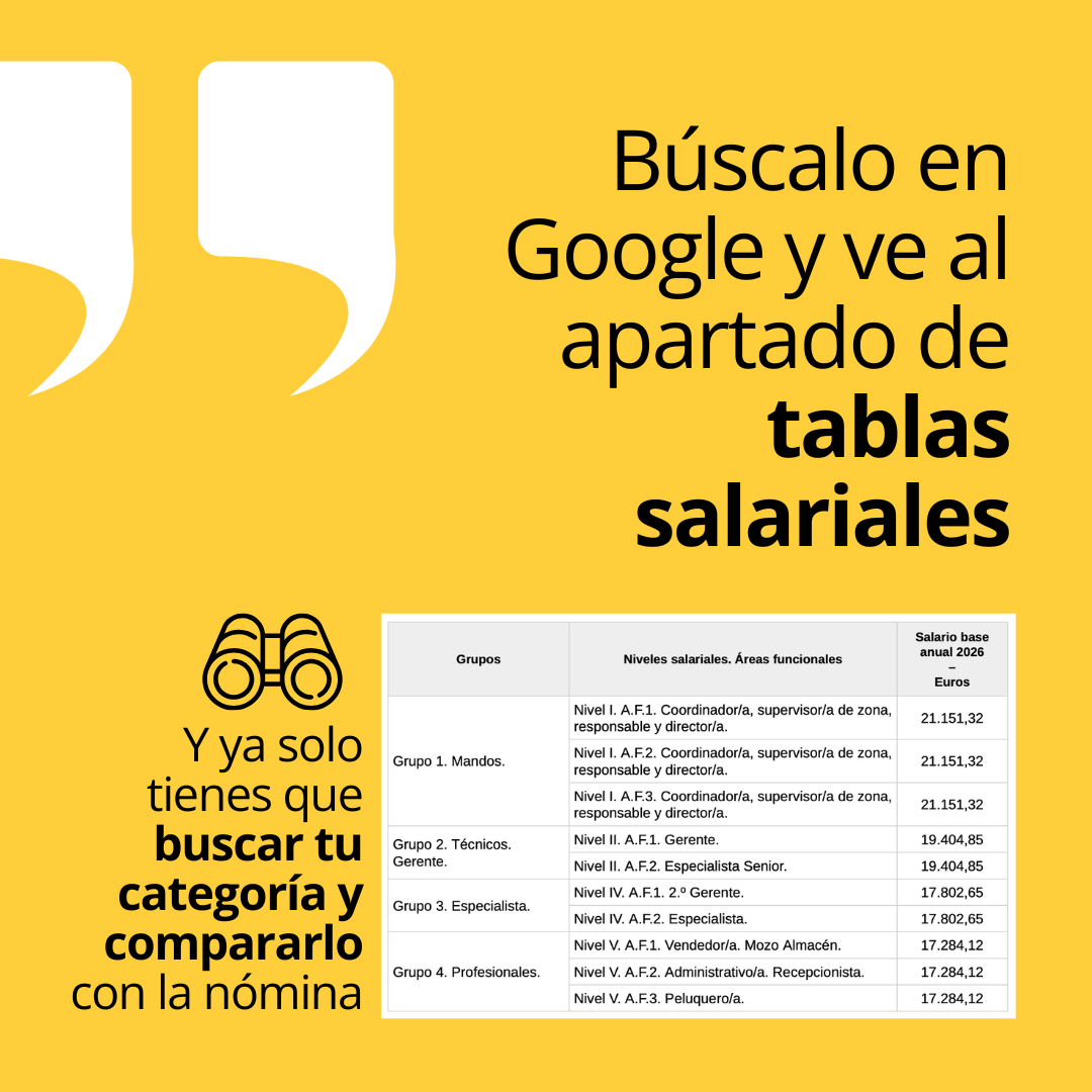 💸 Comprueba si tu empresa te paga bien.

🧐 Tu salario viene fijado en las tablas salariales del convenio colectivo. Lo primero es saber cual es. 

💬 Normalmente aparece en la cláusula séptima del contrato de trabajo. 

👀 Busca las tablas salariales y compáralo con tu nómina.