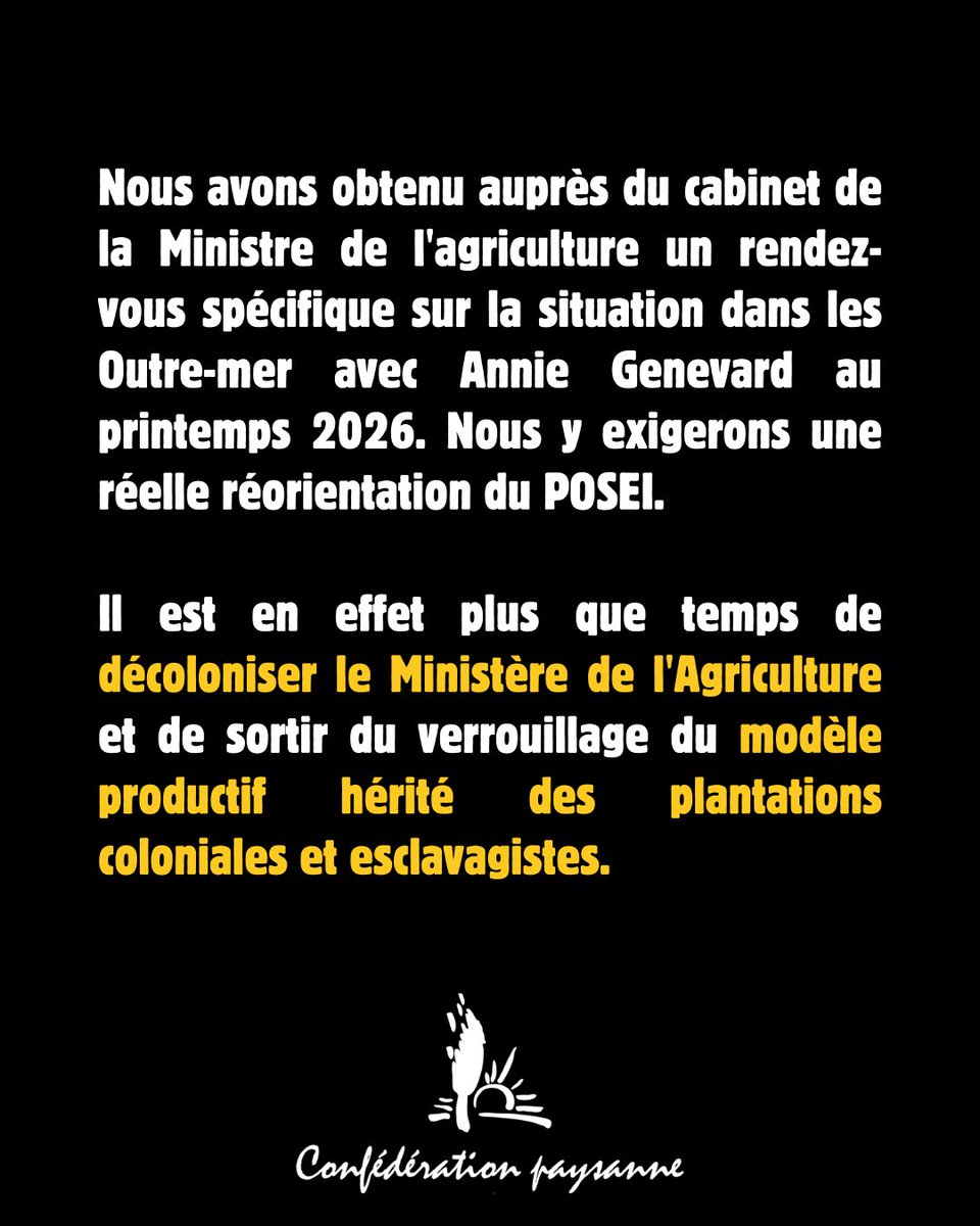 💥 Après avoir été ignorés et réprimés, nous avons remis en main propre à <a href="/AnnieGenevard/">Annie Genevard</a> notre plaidoyer de l’agriculture ultramarine. 

Retrouvez notre communiqué par ici ➡️ confederationpaysanne.fr/actu.php?id=16…