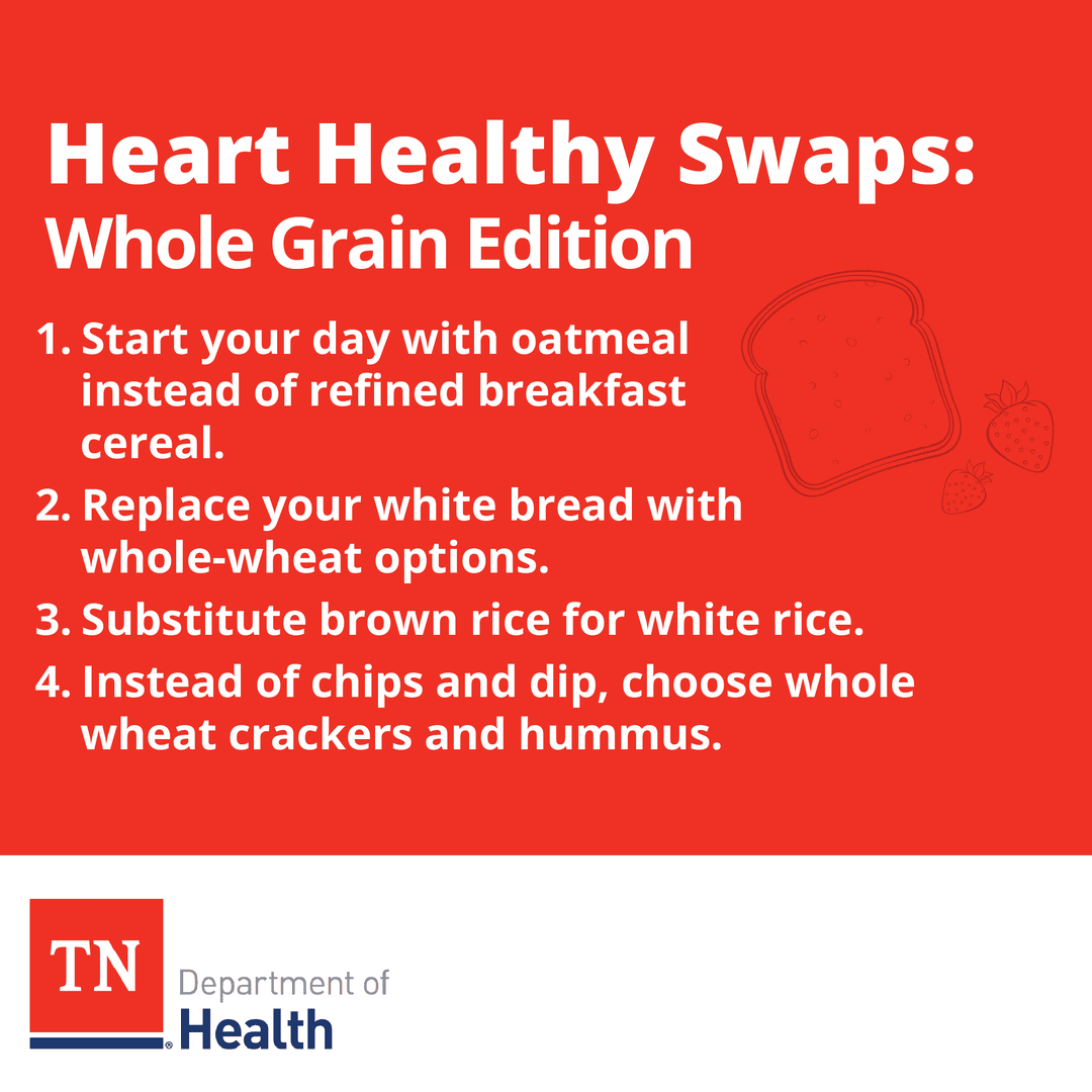 TNDeptofHealth's tweet image. People who eat three or more servings of whole grains a day have up to a 30% lower risk of developing heart disease compared to those who eat little to none.

#OurHearts #HeartMonth #HeartHealthy