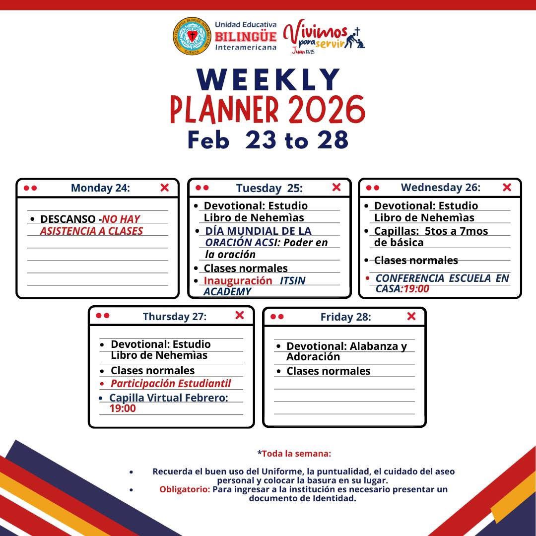 uebicuenca's tweet photo. 📢#AgendaSemanal🗓️🏫✝️ https://t.co/LzK08YNRDw