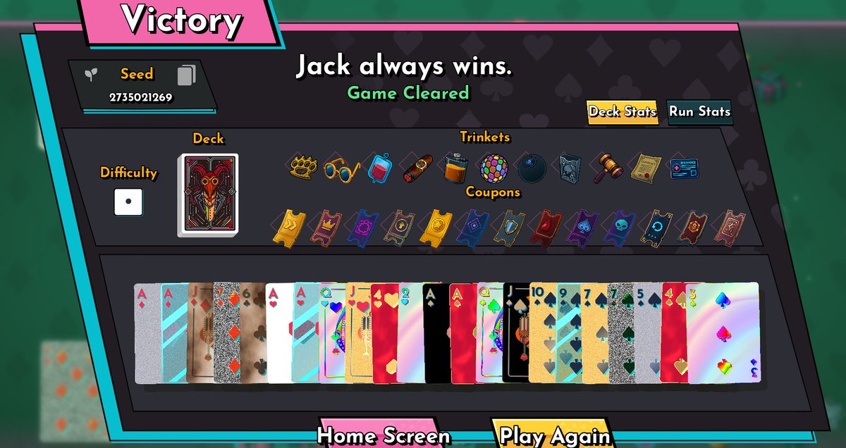 Amanda posting her dubs: Beat Roguejack 21 with the Chemist deck.   I was dealing like 30 damage on LOSING hands with these trinkets.  Overheal is interesting, but the fact that Chemist starts with only 75 HP means some runs can end VERY early.