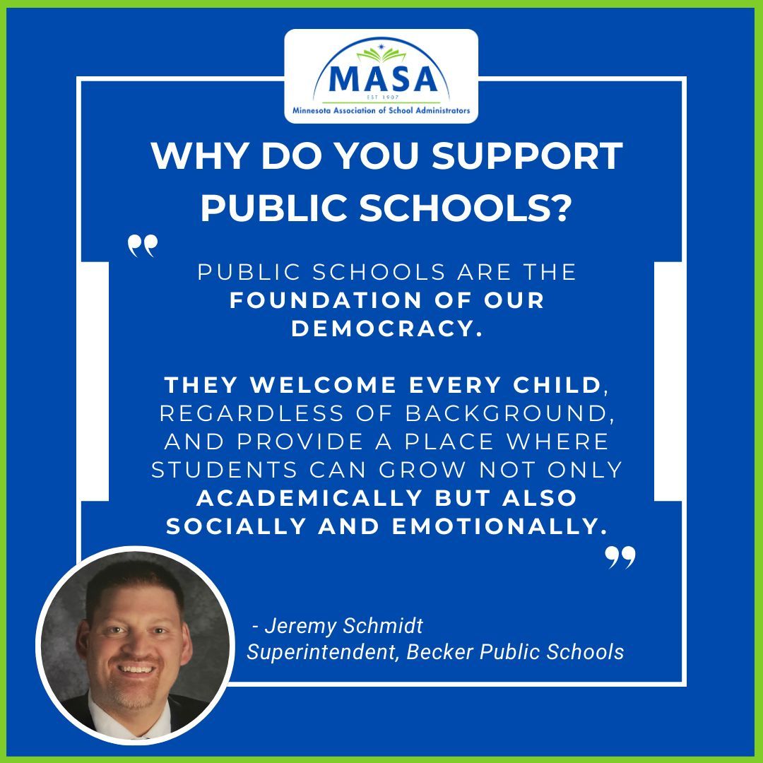 MNAssocSchAdm's tweet photo. During Public Schools Week, Jeremy Schmidt, Superintendent of Becker Public Schools, highlights the power of public education to welcome every child and provide a place to grow — academically, socially, and emotionally. #PSW26 #HereForTheKids #publicschools #mnMASA #minnesota https://t.co/5zYf77uU4q