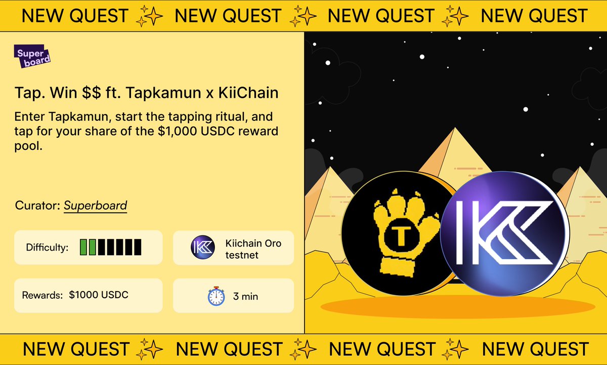 Tap. Win $$. ft. <a href="/Tapkamunfun/">TAPKAMUM.FUN</a> x <a href="/KiiChainio/">KiiChain</a> is live

Tapkamun, a tap-to-earn game where every tap stacks bricks, earns XP, and levels you up.

🔓 Hold 200 SUPR Points to unlock
⚡ Tap to reach Level 2
🎁 Enter the $1000 USDC raffle

Tap in → superboard.xyz/quests/tap-win…