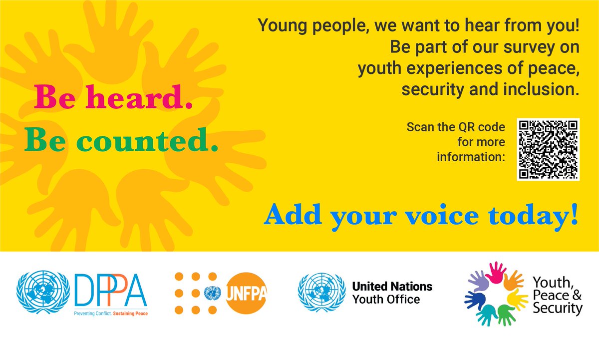 👂 Final week to take part in The Big Listen 2026 — a global youth sentiment survey on how young people (18–35) experience peace &amp; security.

6,500+ young people from 150+ countries have already shared their perspectives. Add yours before 28 Feb 2026.

🔗 tinyurl.com/5e7uxjfk