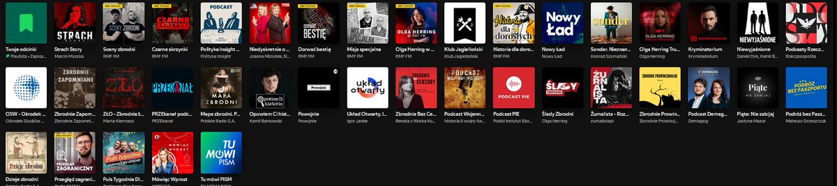 Moja podkastownia do słuchania w plenerze, ale także wieczorami oprócz muzyki - EDM, rock, rap, itd, którą lubię. Jak widać sporo takich z cyklu "Prawdziwe zbrodnie", ale nie tylko.😃
Sporo produkcji własnych ma RMF FM. 
Ktoś coś kojarzy? Wszystko można znaleźć też na Youtube.
