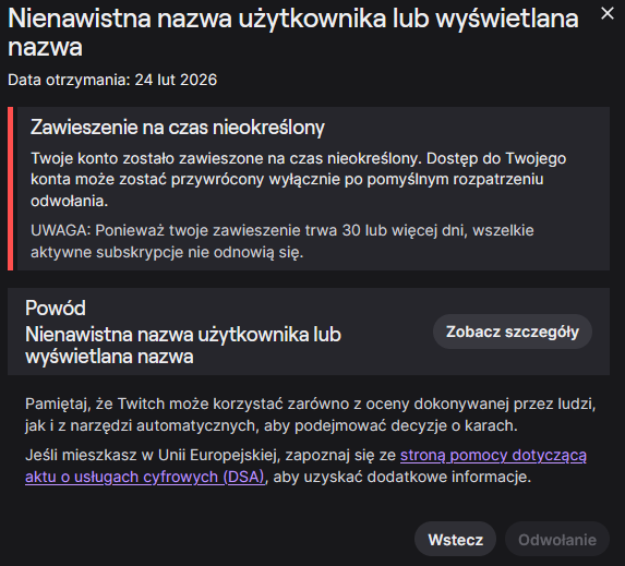 cwiky__'s tweet photo. super platforma @TwitchSupport, streak 11 lat bez bana wlasnie sie skonczyl bo ai uznalo ze moj nickname jest bannable 👍 https://t.co/lFYEC2vOrj
