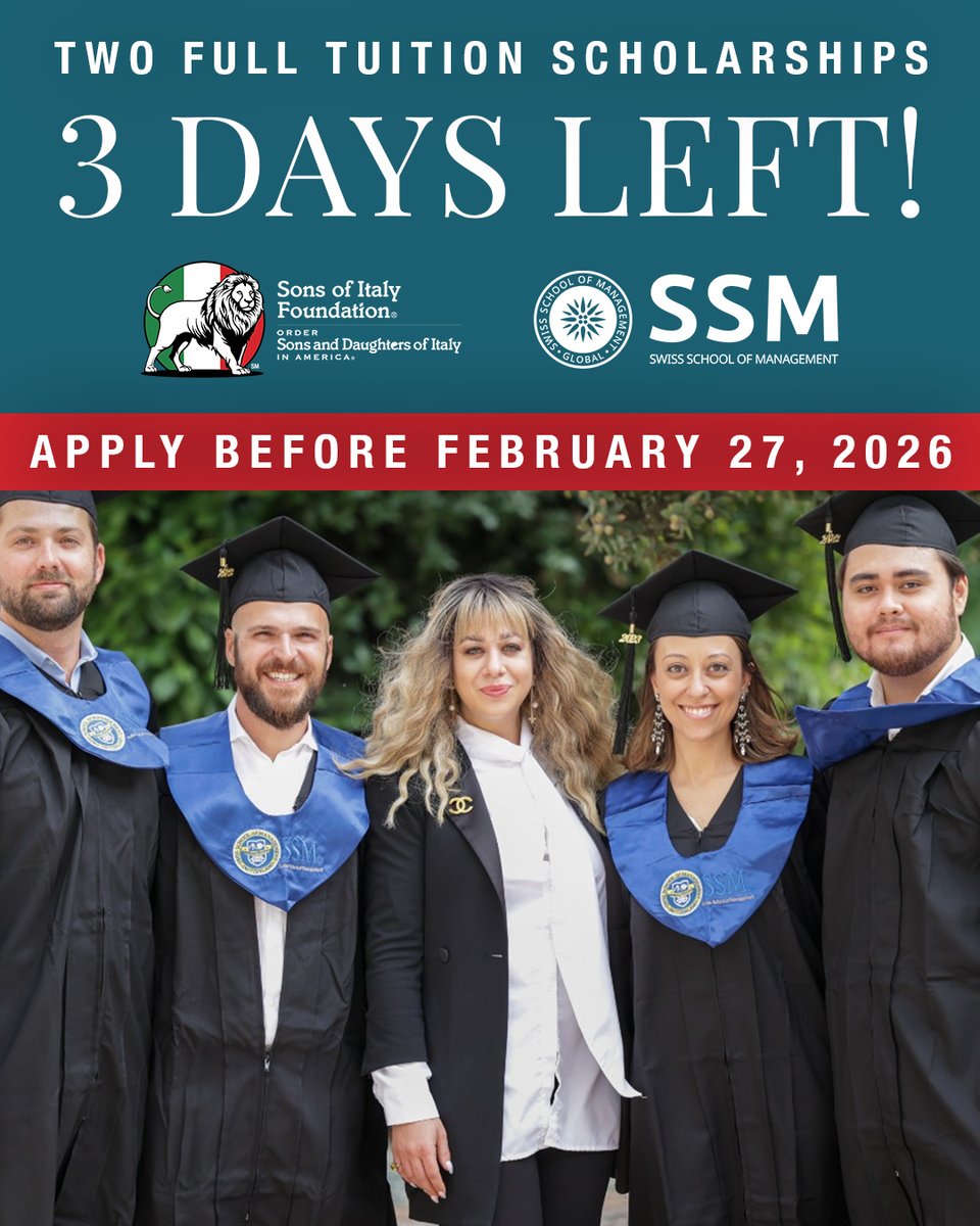 Sons_of_Italy's tweet photo. โณ Just 3 Days Left โ Study Business in Rome! ๐ฎ๐น
Two full-tuition scholarships for students of Italian descent. Apply now: https://t.co/INEgt10lCH
#StudyInRome #Scholarships #ItalianAmerican https://t.co/ld6aJC82Xj