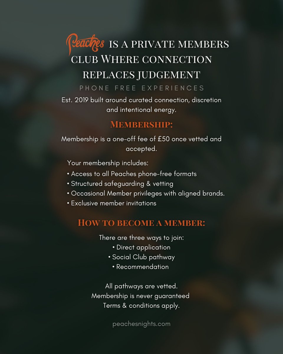 Not every experience fits into one box.

Peaches exists across four formats. Each designed with intention. All phone-free.
Different settings.
Same pillars: connection, discretion, immersion &amp; community.

Peaches.
Where community replaces judgement.
Linktr.ee/peachesnights 
🍑