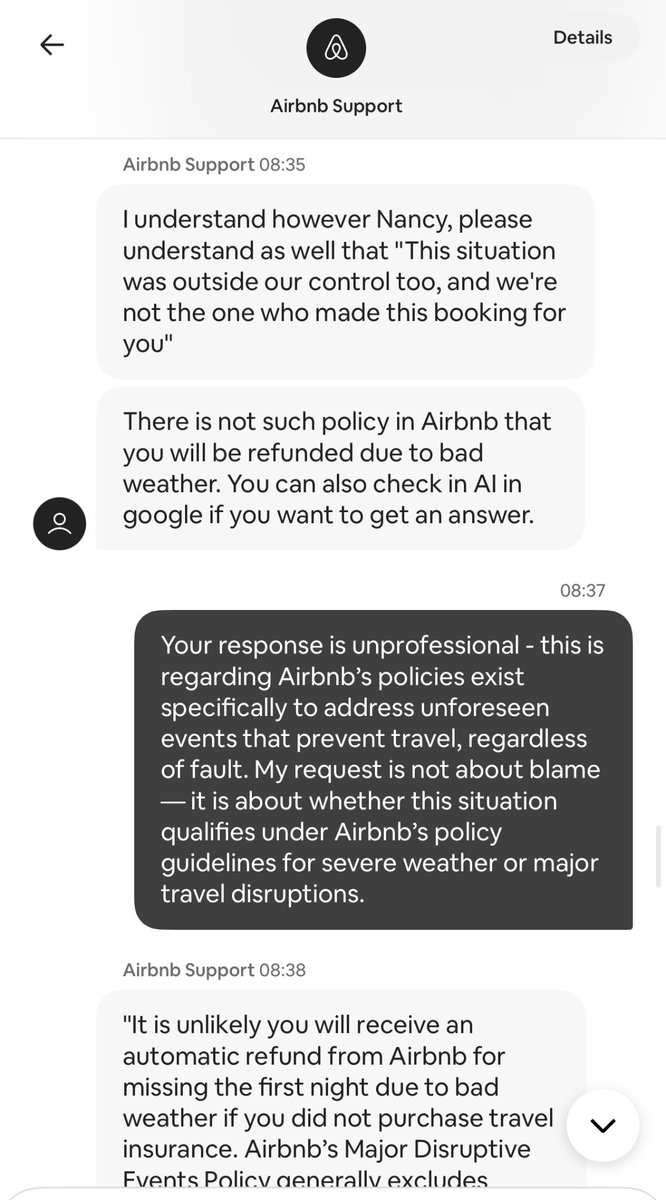 npadill9's tweet photo. This was an @Airbnb support response when I attempted to get a one night refund because our family could not get into Tahoma Tuesday Night. Safety and road closure did not matter https://t.co/aLnNxBUmbw