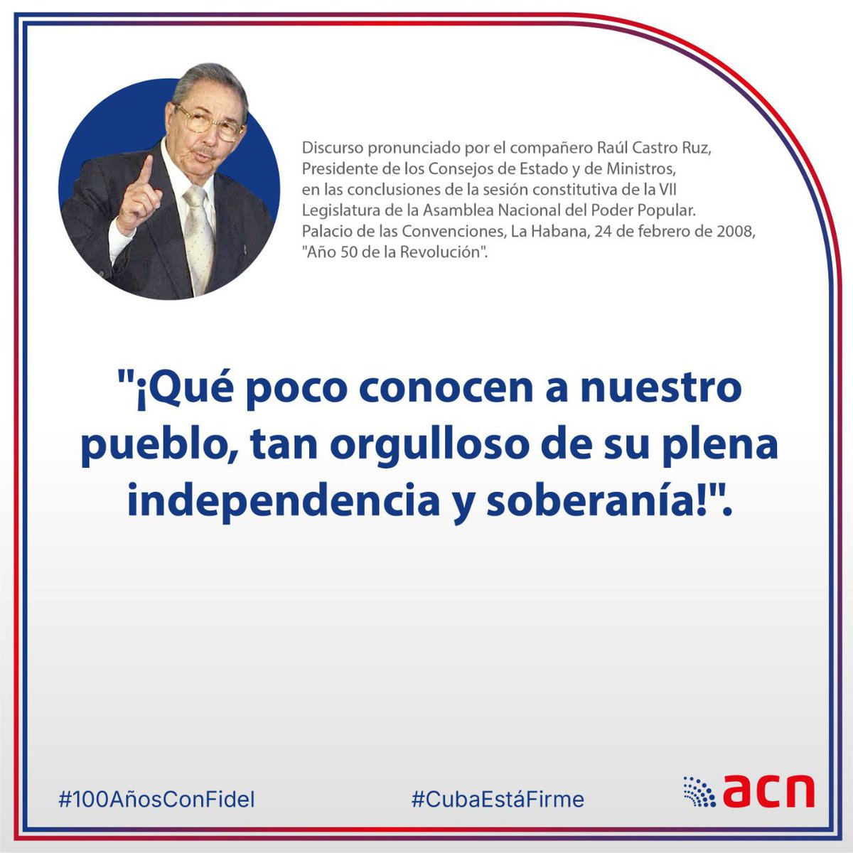 MislenysP0303's tweet photo. 🗨️⭐📌| Desde #ACNteam retomamos fragmentos del discurso pronunciado el 24 de febrero 2008 por el líder al frente de la Revolución Cubana, General de Ejército Raúl Castro Ruz, en otro momento trascendental para la historia de la nación.
#CubaSoberana https://t.co/wL85fW46ku