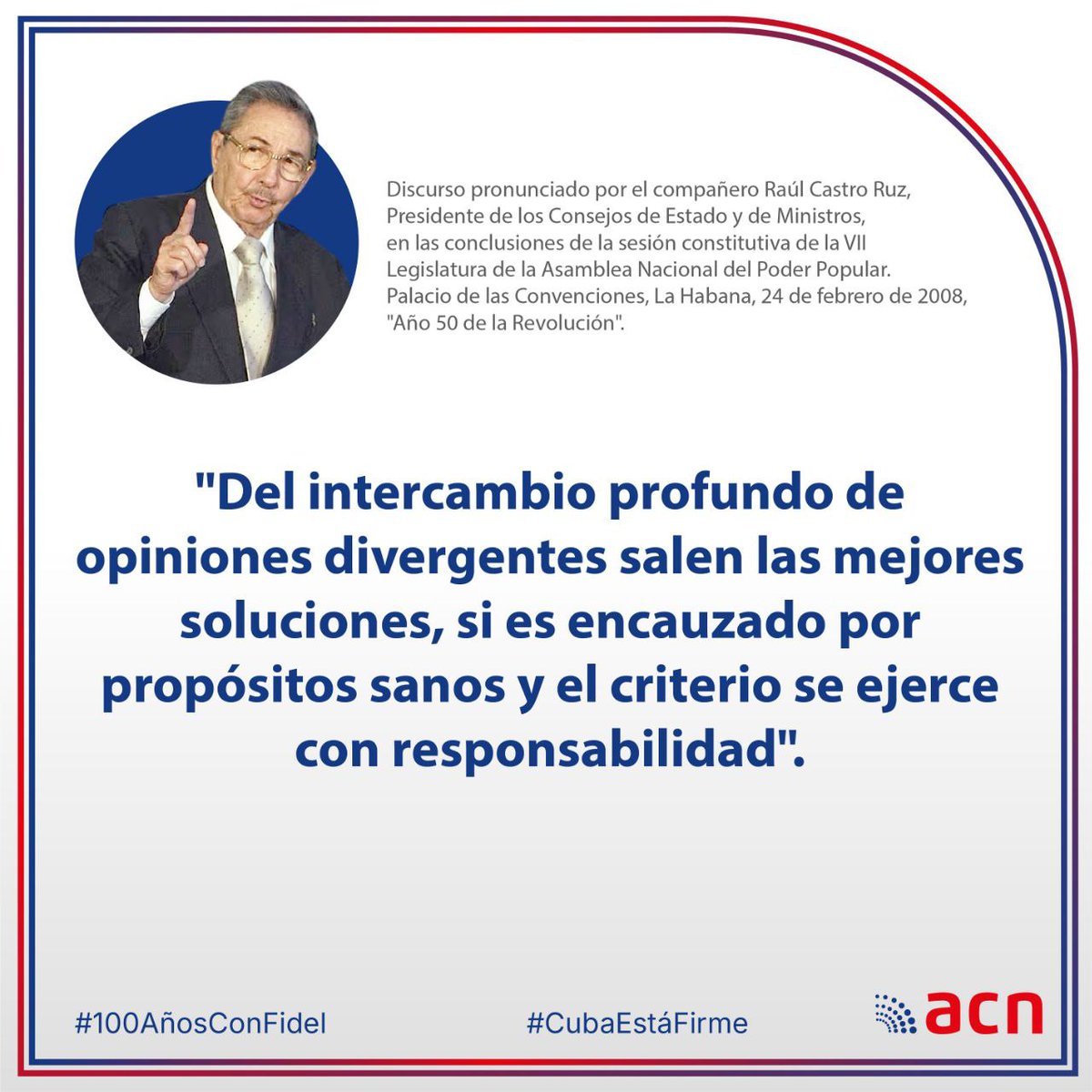 MislenysP0303's tweet photo. 🗨️⭐📌| Desde #ACNteam retomamos fragmentos del discurso pronunciado el 24 de febrero 2008 por el líder al frente de la Revolución Cubana, General de Ejército Raúl Castro Ruz, en otro momento trascendental para la historia de la nación.
#CubaSoberana https://t.co/wL85fW46ku