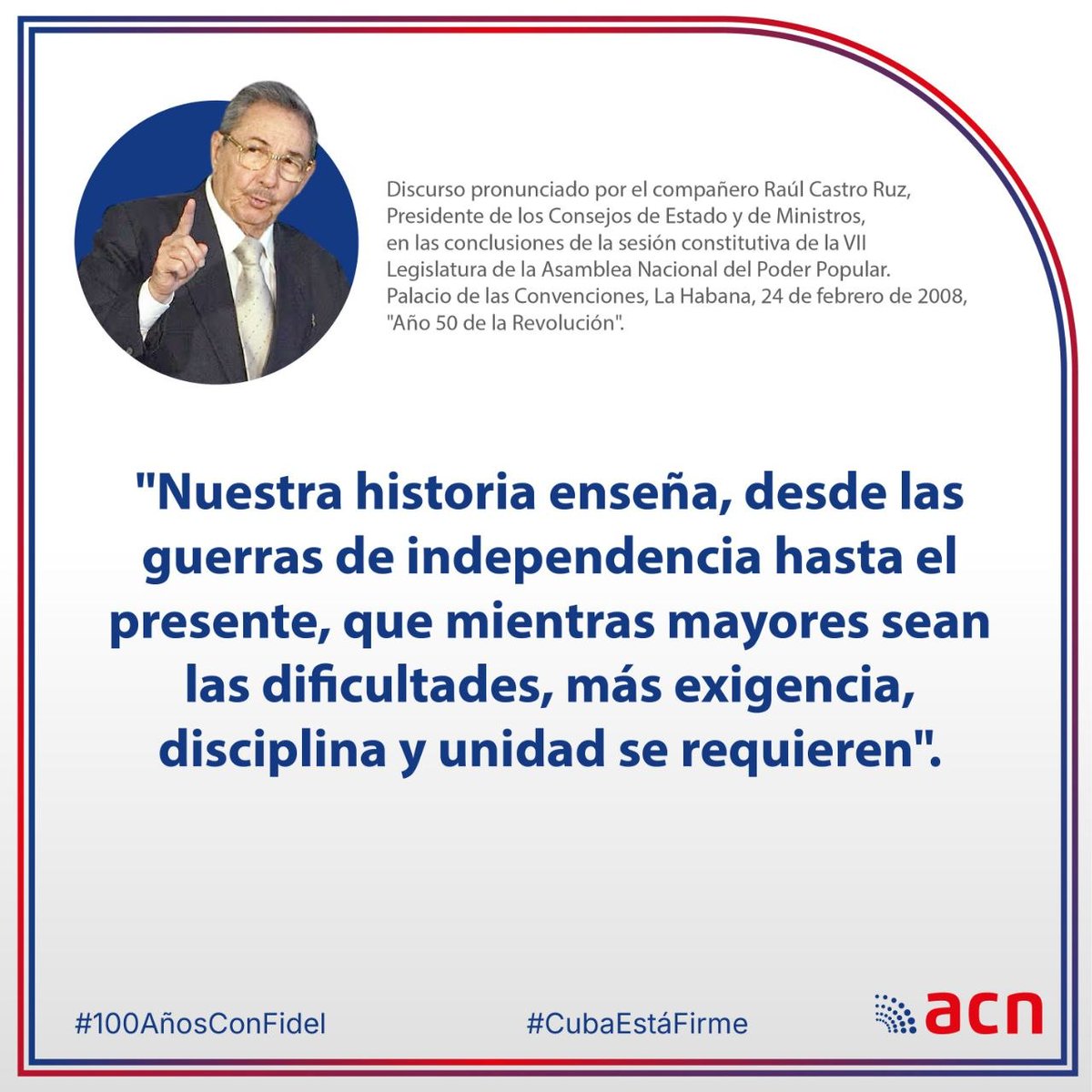 MislenysP0303's tweet photo. 🗨️⭐📌| Desde #ACNteam retomamos fragmentos del discurso pronunciado el 24 de febrero 2008 por el líder al frente de la Revolución Cubana, General de Ejército Raúl Castro Ruz, en otro momento trascendental para la historia de la nación.
#CubaSoberana https://t.co/wL85fW46ku