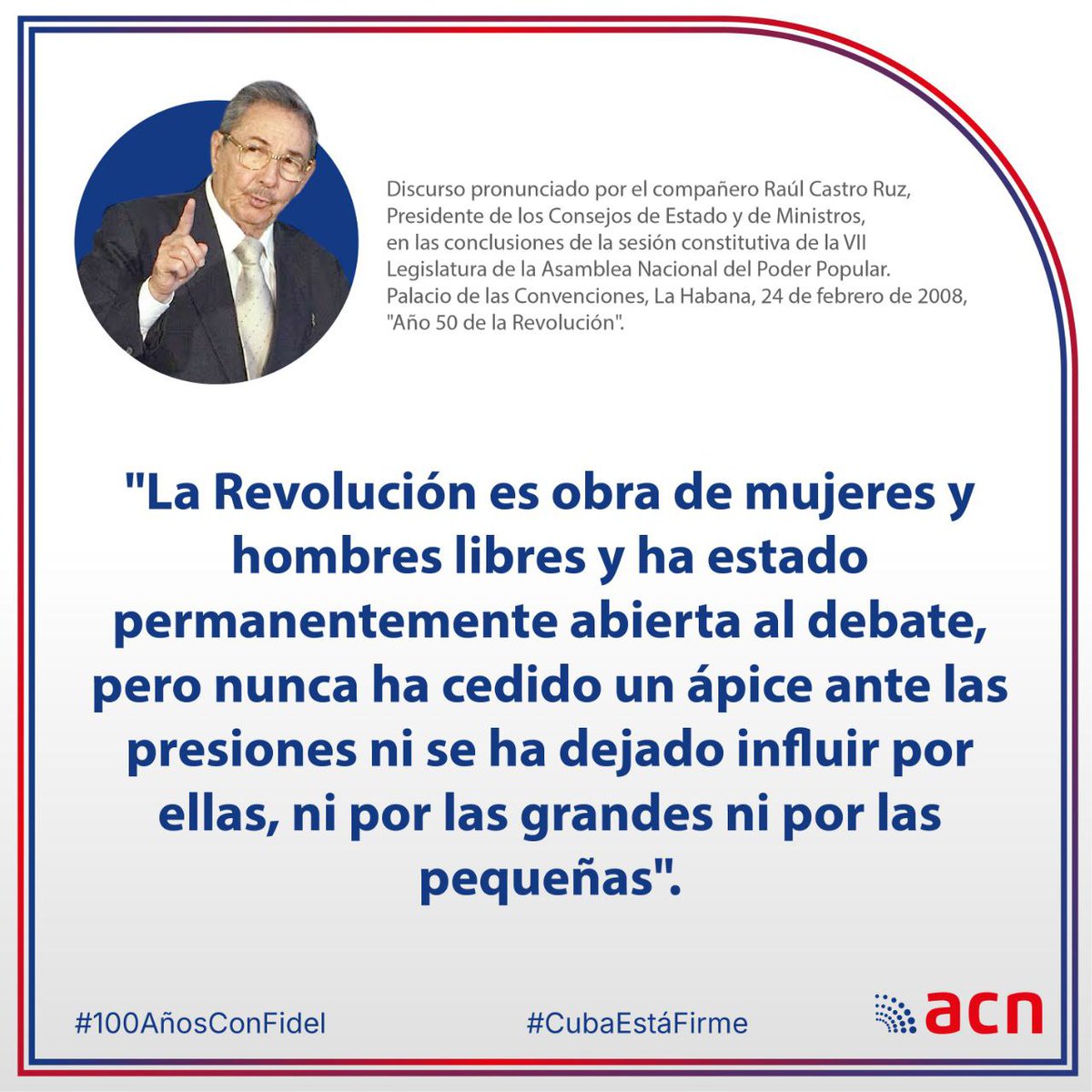 MislenysP0303's tweet photo. 🗨️⭐📌| Desde #ACNteam retomamos fragmentos del discurso pronunciado el 24 de febrero 2008 por el líder al frente de la Revolución Cubana, General de Ejército Raúl Castro Ruz, en otro momento trascendental para la historia de la nación.
#CubaSoberana https://t.co/wL85fW46ku