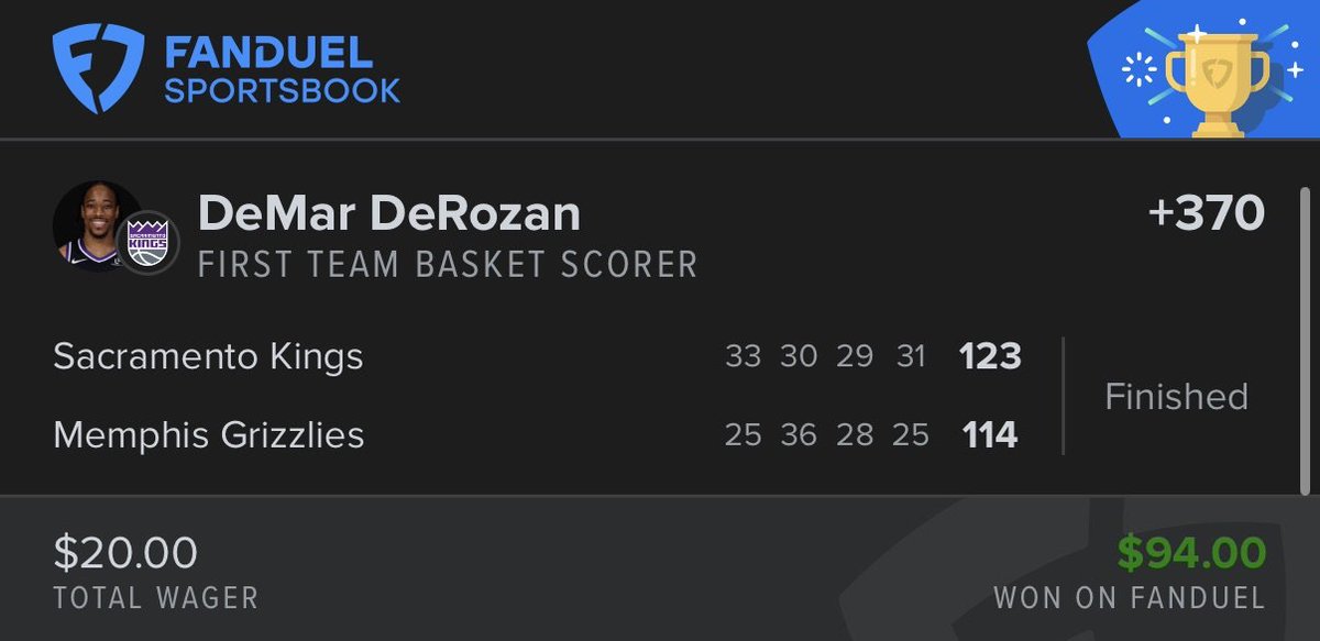 slam_dunk_bets's tweet photo. With the injuries the Kings have it might be up to DeMar DeRozan to pick up some slack the rest of the season - and he did so for us last night, both with #FirstBasket, 2pt Exact Method, and by Team hits!
One basket -> $500 in winnings! Thanks DeMar!
#PlayerProps #EVBets #SportsBetting