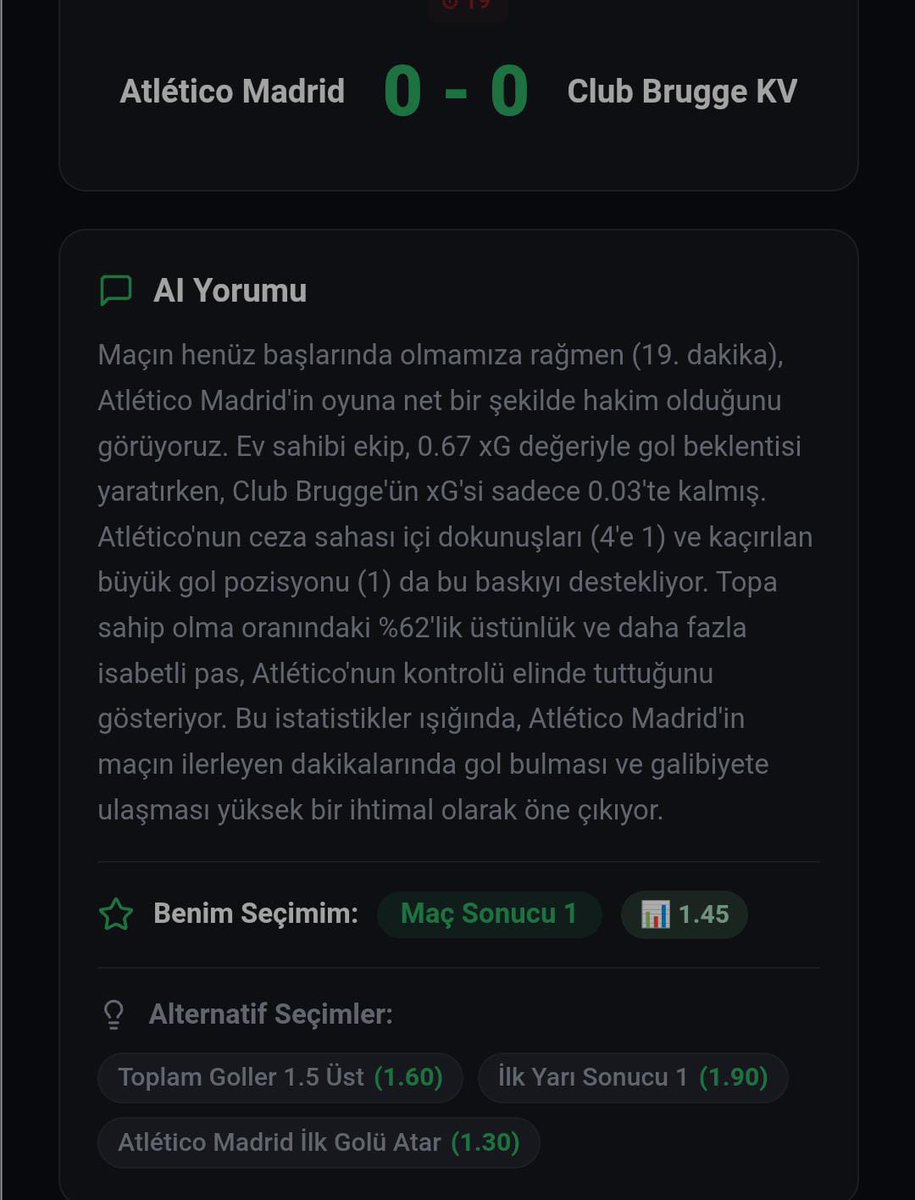 LiveMatchAI ile yapılan veri analizinden ilk yarı çıkan sonuç 1-1 oldu. 

İlk golü Atletico Madrid attı. 
Maçta 1.5gol üst oldu. 

Takipte kal. 
Şampiyonlar ligi maç öncesi analizleri az sonra.

#bet #ai #analiz #iddaa #antalya #istanbul #ankara #izmir