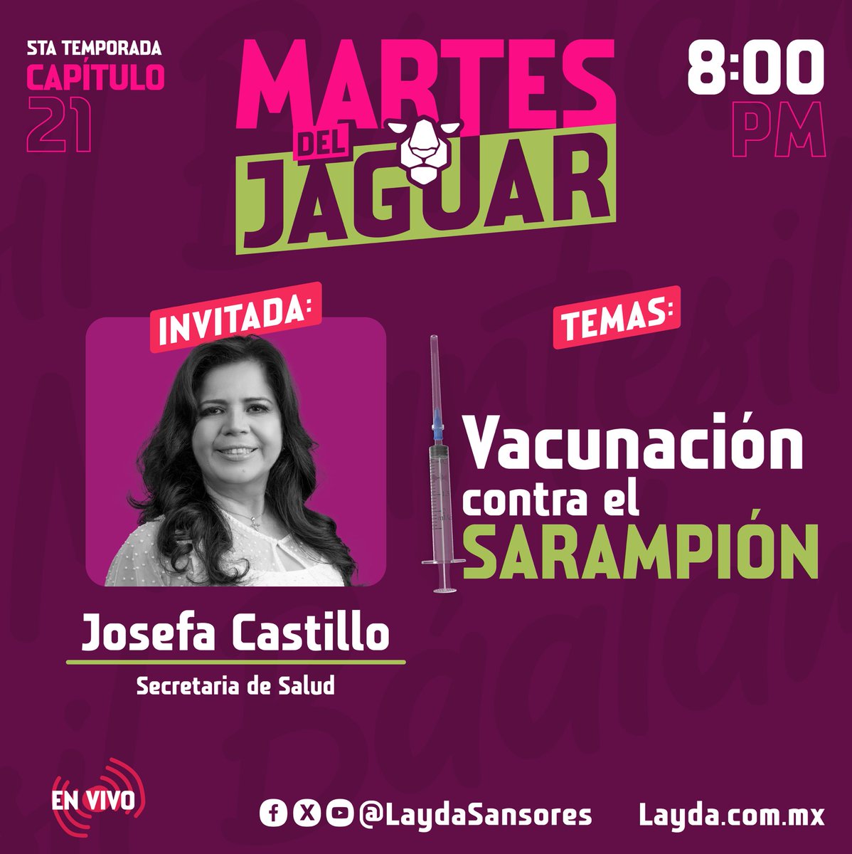 LaydaSansores's tweet photo. Hoy en el #MartesDelJaguar tendremos a la secretaria @JosefaCasAve como invitada para hablar sobre la vacunación contra el sarampión.

Nos vemos a las 8:00 PM. https://t.co/AoAA6H3vhj