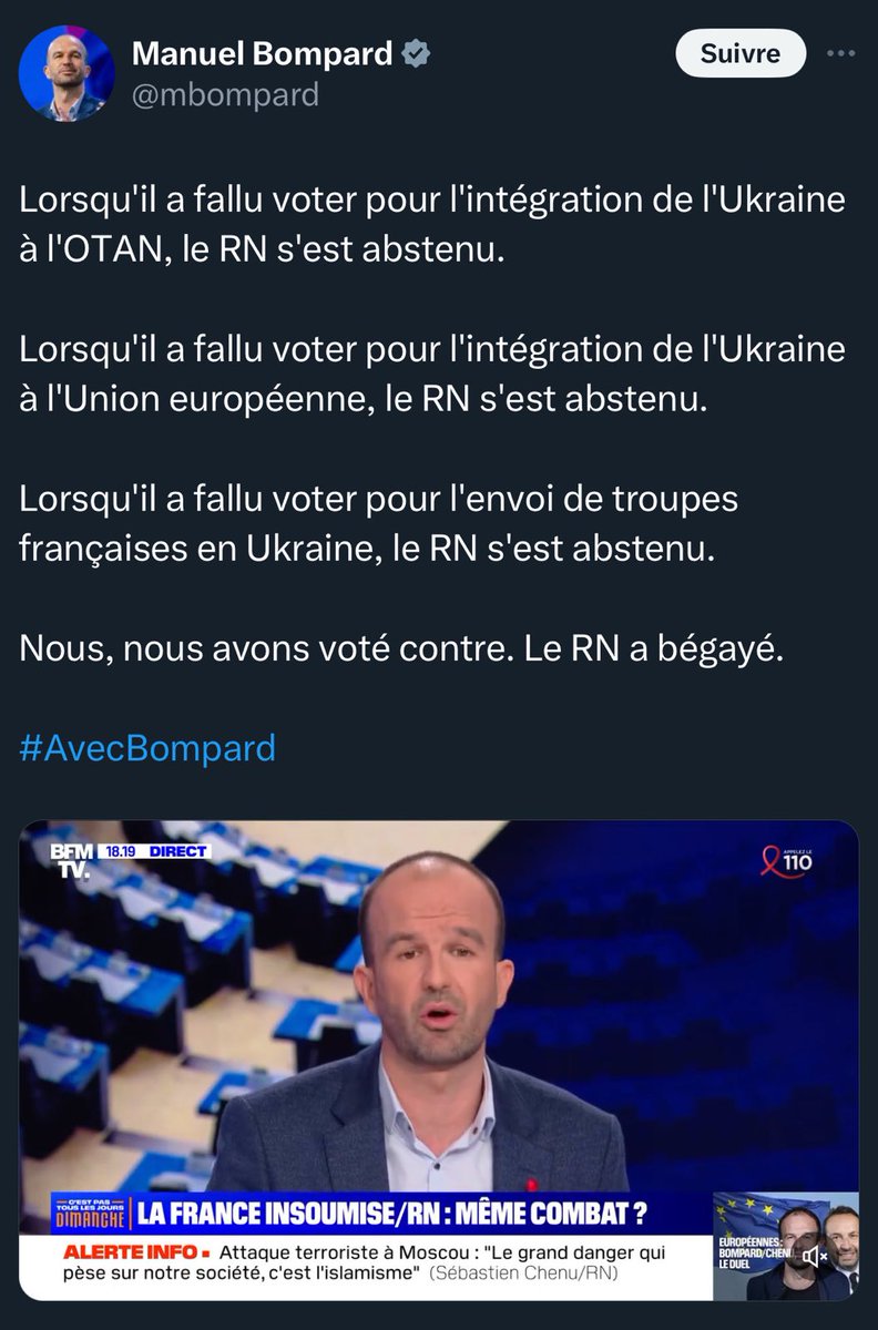 En ce quatrième anniversaire, rappelons avec <a href="/mbompard/">Manuel Bompard</a> que nous sommes bien plus anti-ukrainiens que les mous du RN.