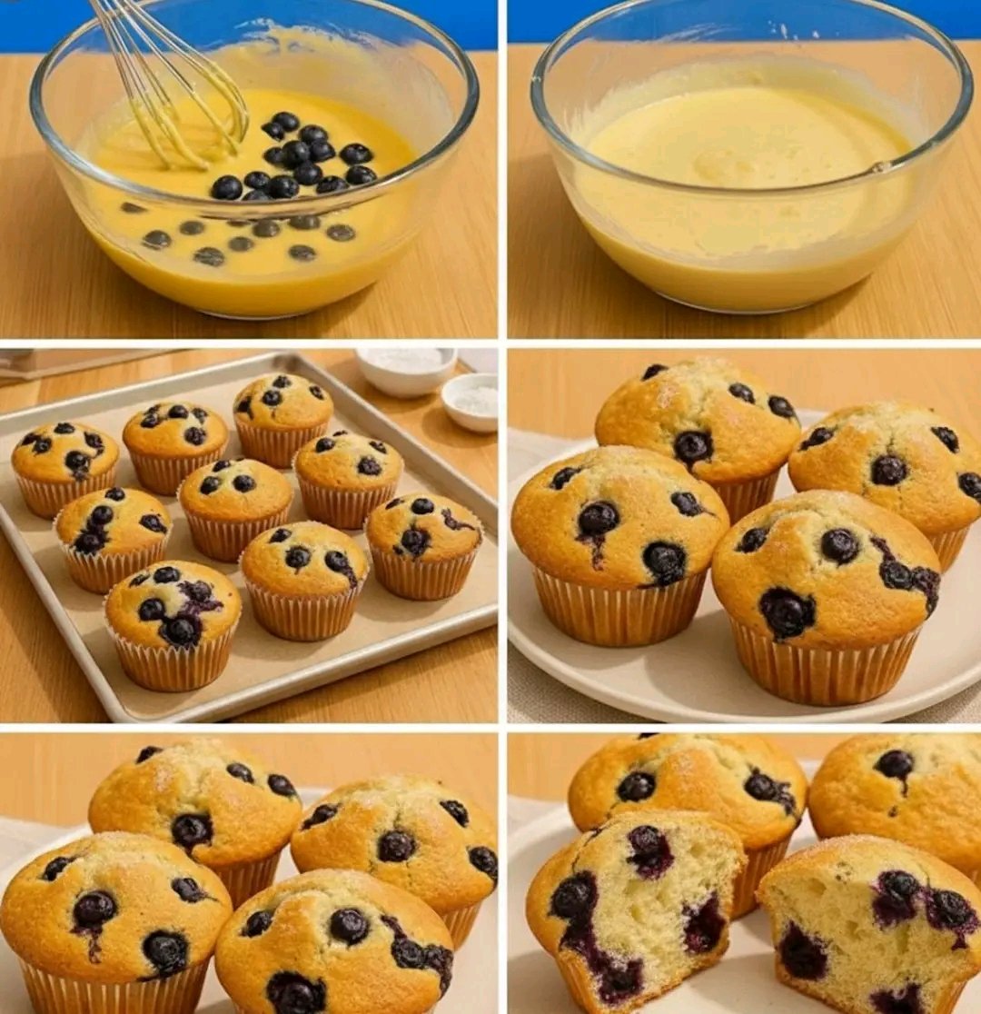 🫐 Classic Blueberry Muffins (12 pieces)

🧁 Ingredients
 • 2 cups (250g) all-purpose flour
 • ¾ cup (150g) sugar
 • 2 tsp baking powder
 • ½ tsp baking soda
 • ¼ tsp salt
 • ½ cup (115g) unsalted butter, melted (or ½ cup vegetable oil)
 • 2 large eggs
 • 1 cup (240ml)