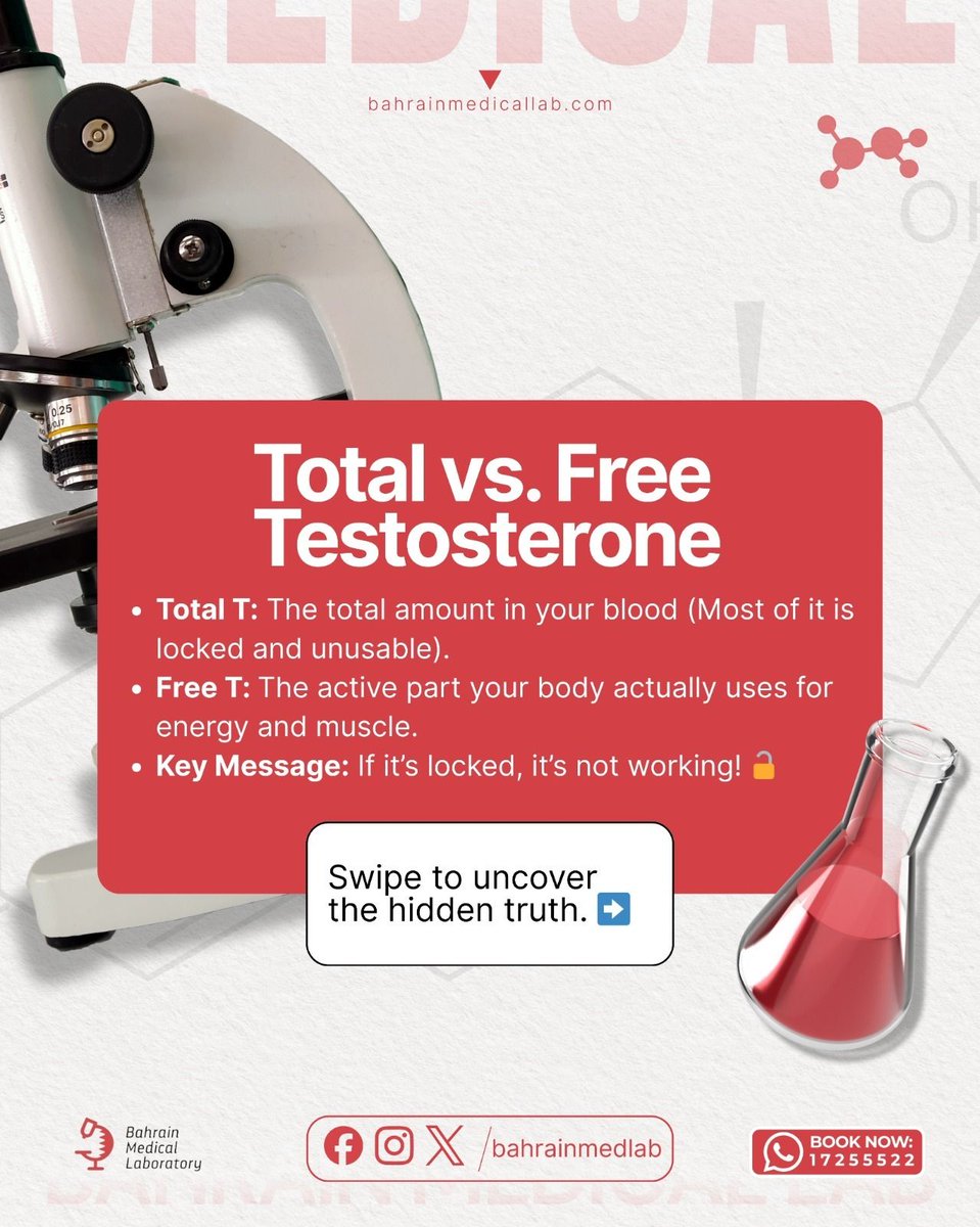 bahrain_Lab's tweet image. Feeling low on energy? 🔋 Free Testosterone—not just Total—shows your true fuel. Bound hormones don’t work, so knowing both levels matters. 🏎️💨
📍 Bahrain Medical Laboratory
🏠 Home sample collection
📞 17255522
#MensHealth #Testosterone #BahrainMedicalLab