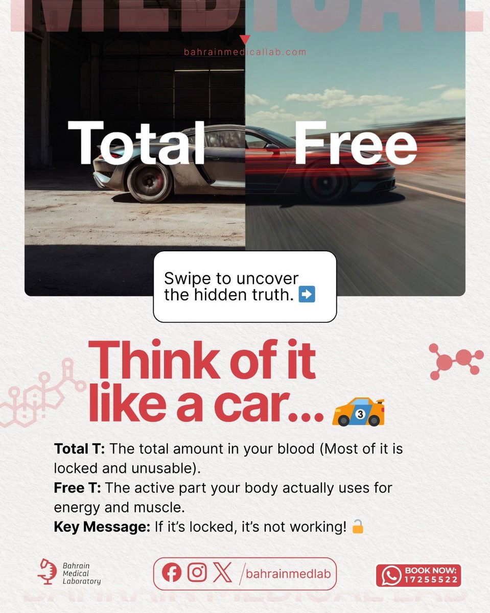 bahrain_Lab's tweet image. Feeling low on energy? 🔋 Free Testosterone—not just Total—shows your true fuel. Bound hormones don’t work, so knowing both levels matters. 🏎️💨
📍 Bahrain Medical Laboratory
🏠 Home sample collection
📞 17255522
#MensHealth #Testosterone #BahrainMedicalLab