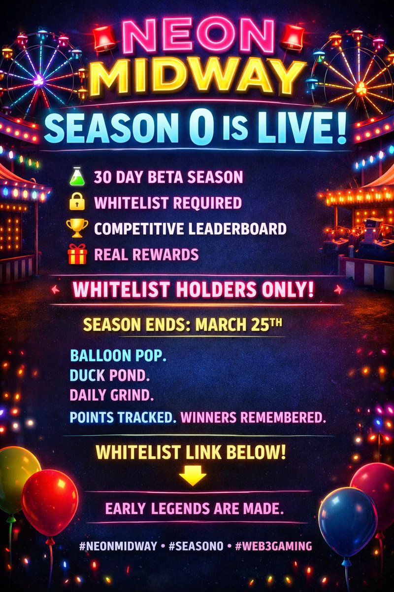 🚨🎡 NEON MIDWAY – SEASON 0 IS LIVE 🎡🚨

🧪 30 DAY BETA SEASON
🔒 WHITELIST REQUIRED
🏆 Competitive Leaderboard
🎁 Real Rewards

This is NOT open to everyone.
👇 Whitelist link in the comments.
If you hold a Season 0 Whitelist, you’re in.
If you don’t… you’re watching from the