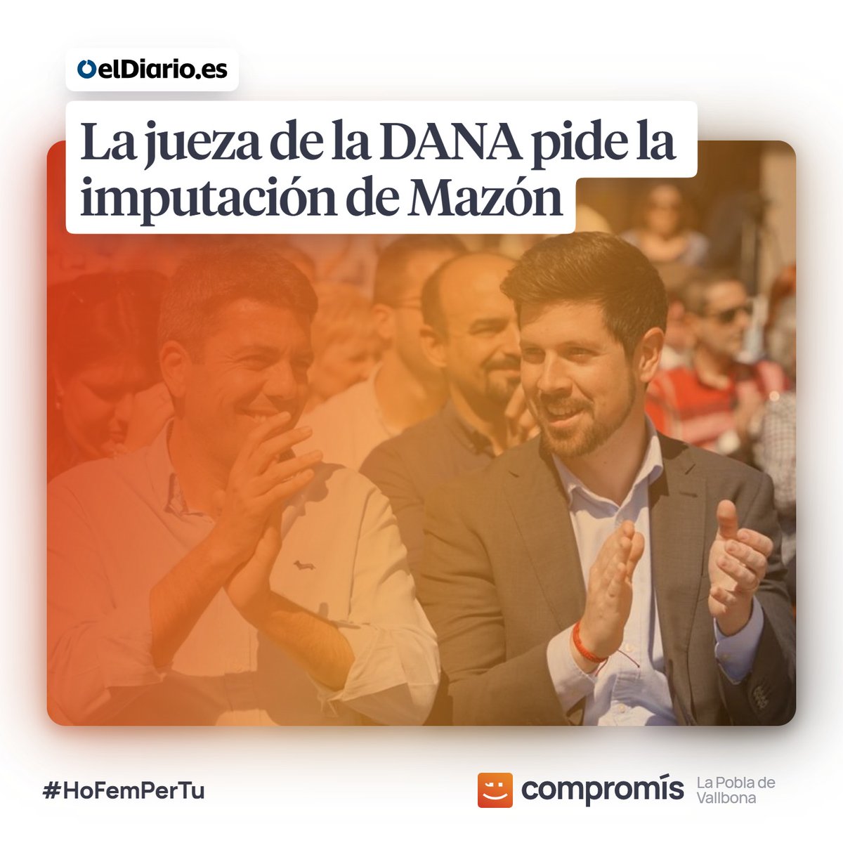 CompromisPobla's tweet photo. Hui la jutgessa de Catarroja demana al TSJCV la imputació del president més indigne de la història de la Generalitat Valenciana, Carlos Mazón.

No oblidem qui no ha volgut condemnar la seua negligència.

Som l'alternativa. #SomCompromís i #HoFemPerTu https://t.co/g3eClJTYSz