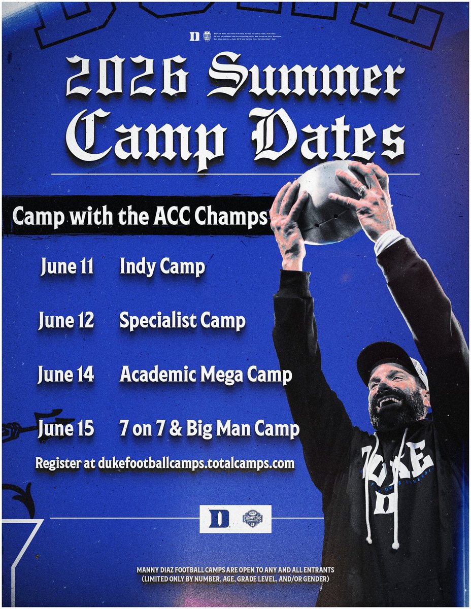 Who’s going to come compete? 👀 

dukefootballcamps.totalcamps.com/About%20Us

#NoSwagAllBusiness 
#HoistTheFlag🏴‍☠️ 
#BullRunPicnic🧺