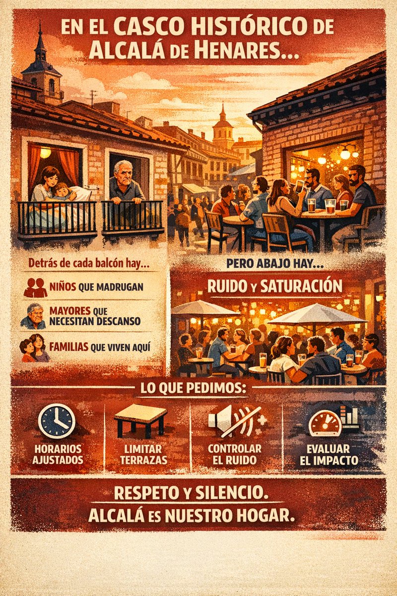 El casco histórico de Alcalá de Henares está saturado de terrazas y veladores.
No hablamos de ir contra la hostelería. Hablamos de equilibrio.
Un centro histórico no es solo ocio. Es un barrio donde vive gente.