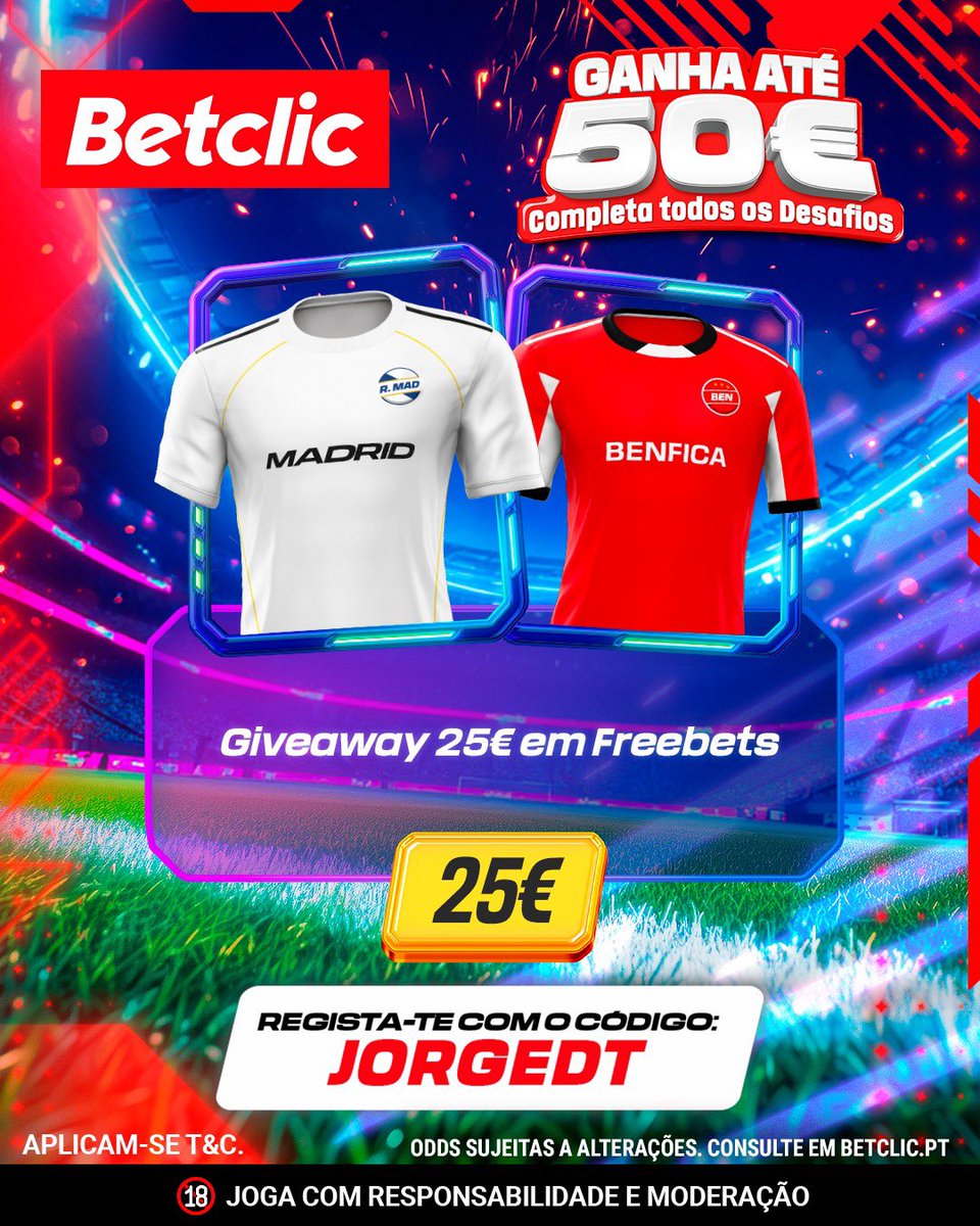 🚨GIVEAWAY
Amanhã é um jogo decisivo para o Benfica e vamos dar 25€ a 1 pessoa que acerte o resultado exato do jogo! 👀

Para participar:
-Seguir a <a href="/BetclicPortugal/">Betclic Portugal 🔞</a> 
-Dar rt e like
-Comentar username + resultado exato do jogo

1 comentário por pessoa até às 19:59! Boa sorte ✅💪🏼