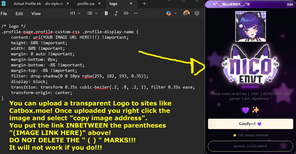 Want to add your logo under your profile picture on MyOshi? 
Here's the code for it ! 

/* logo */
.profile-page.profile-custom-css .profile-display-name {
    content: url(IMAGE LINK HERE) !important;
    height: 100% !important;
    width: 100% !important;
    margin: 0 auto