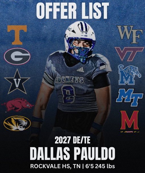 Rockvale_FB's tweet photo. Rising Senior DL/TE @DallasPauldo has been on the radar of college coaches for over 2 years. The last couple weeks have been busy for the Back to back region 3-6A TE of the year. 

Here’s his updated offer list! 

#WeAreTheRock🪨 #RecruitRockvale https://t.co/S37tl8kFwF